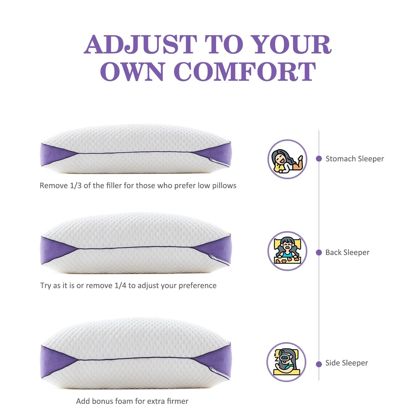 HOMELAB Adjustable Shredded Memory Foam Pillow Queen Size, Cooling Bed Pillow for Sleeping with Removable Cover, Medium Pillow for Side Stomach & Back Sleepers, 1 Pack 20"x28" - Medaid International