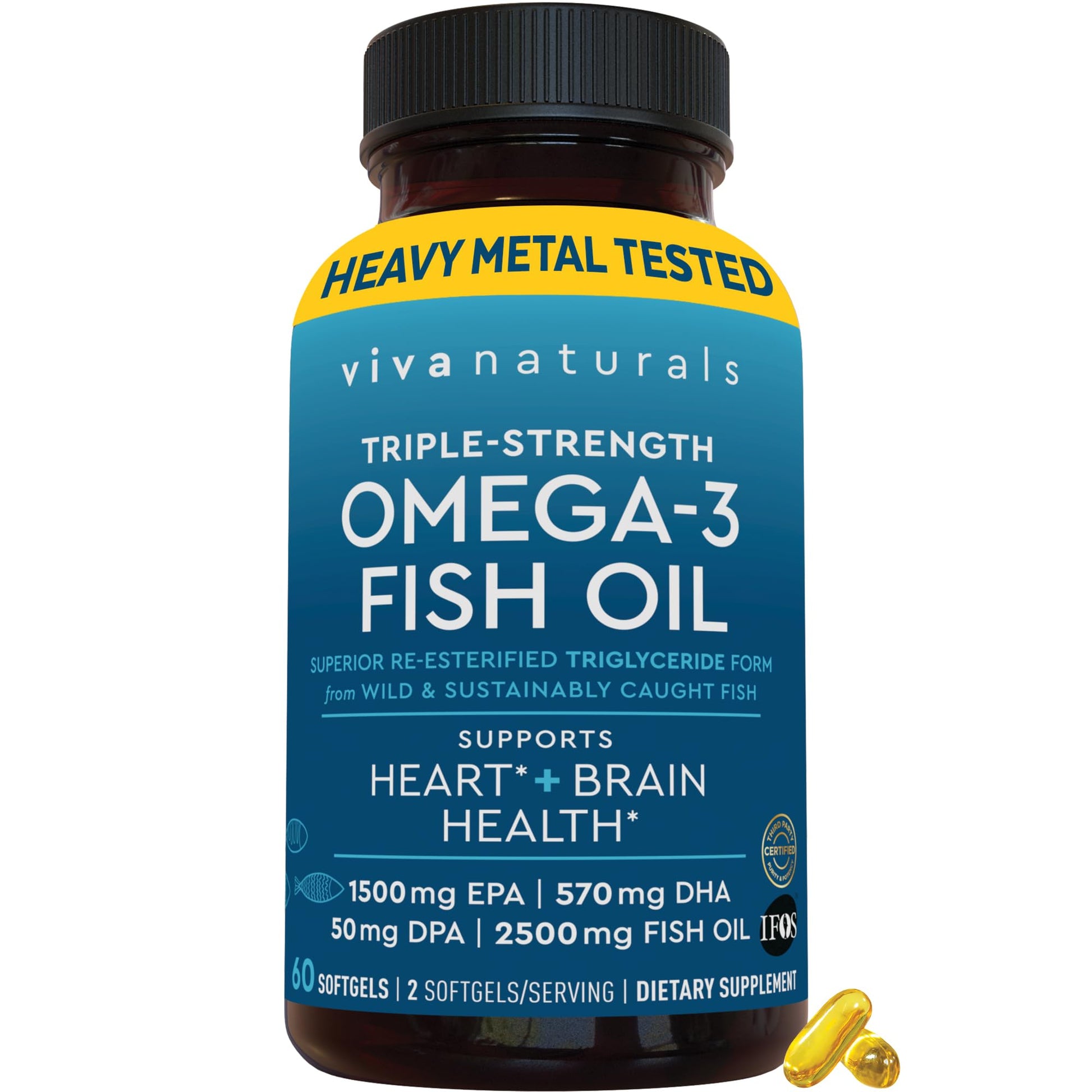 Viva Naturals Omega-3 Fish Oil, Triple Strength, 2500 mg, 60 Softgels – Re-Esterified Omega 3 Fatty Acids Including EPA, DHA, DPA - Pascatarian-Friendly - Medaid International