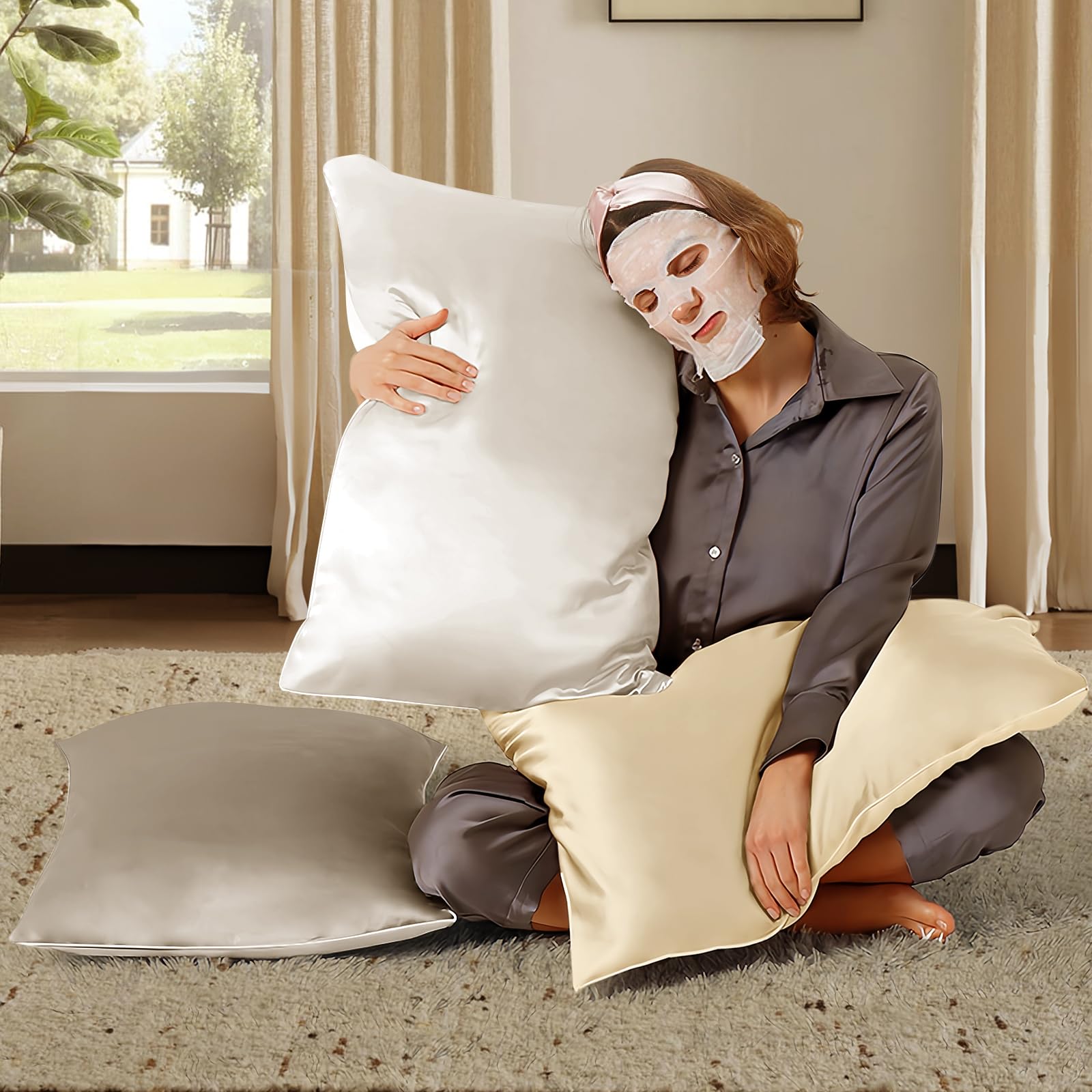 BHZ Satin Goose Down Feather Pillows King Size with Beige Satin Pillowcase for Hair and Skin, Cooling Pillow Cases Similar to Silk Pillow Cases, Christmas Decorative Gifts for Women, Mom Men - Medaid International