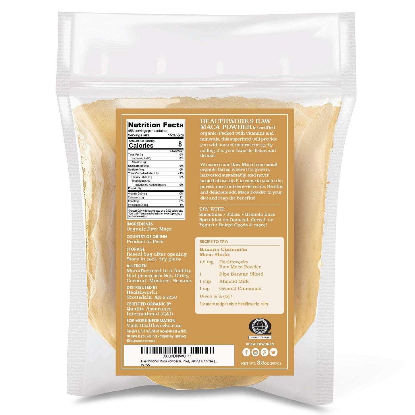 Healthworks Superfoods Organic Maca Powder Raw - 32 Oz / 2 Lbs - Certified Organic Flour Use - Keto, Vegan & Non-GMO - Premium Peruvian Origin - Breakfast, Smoothies, Baking & Coffee - Antioxidant - Medaid International
