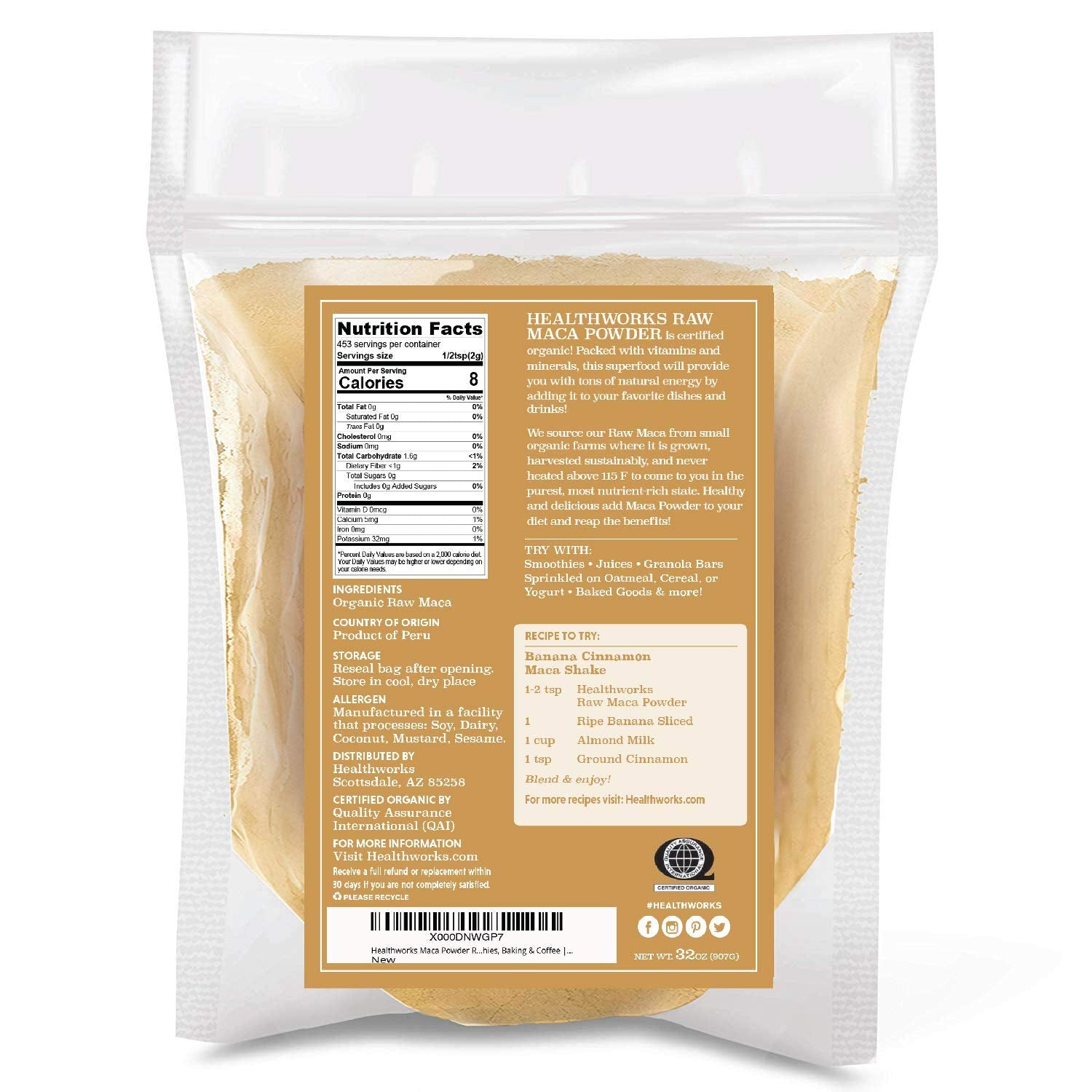 Healthworks Superfoods Organic Maca Powder Raw - 32 Oz / 2 Lbs - Certified Organic Flour Use - Keto, Vegan & Non-GMO - Premium Peruvian Origin - Breakfast, Smoothies, Baking & Coffee - Antioxidant - Medaid International