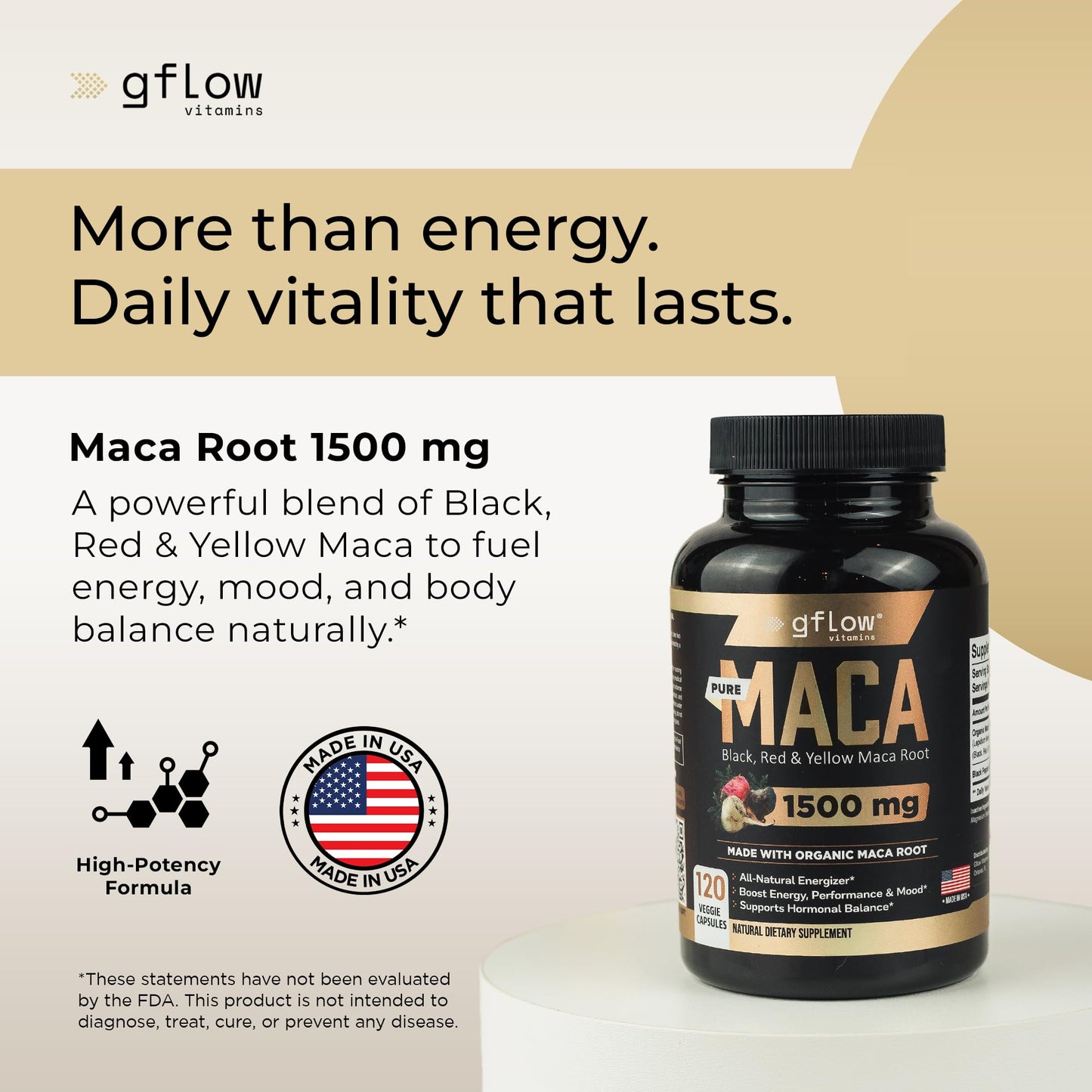 gflow vitamins Organic Maca Root Capsules for Women & Men - Black, Red, Yellow Peruvian Maca Root Extract & Black Pepper - 120 Vegan Pills - Supports Energy, Performance & Mood | Made in USA - Medaid International