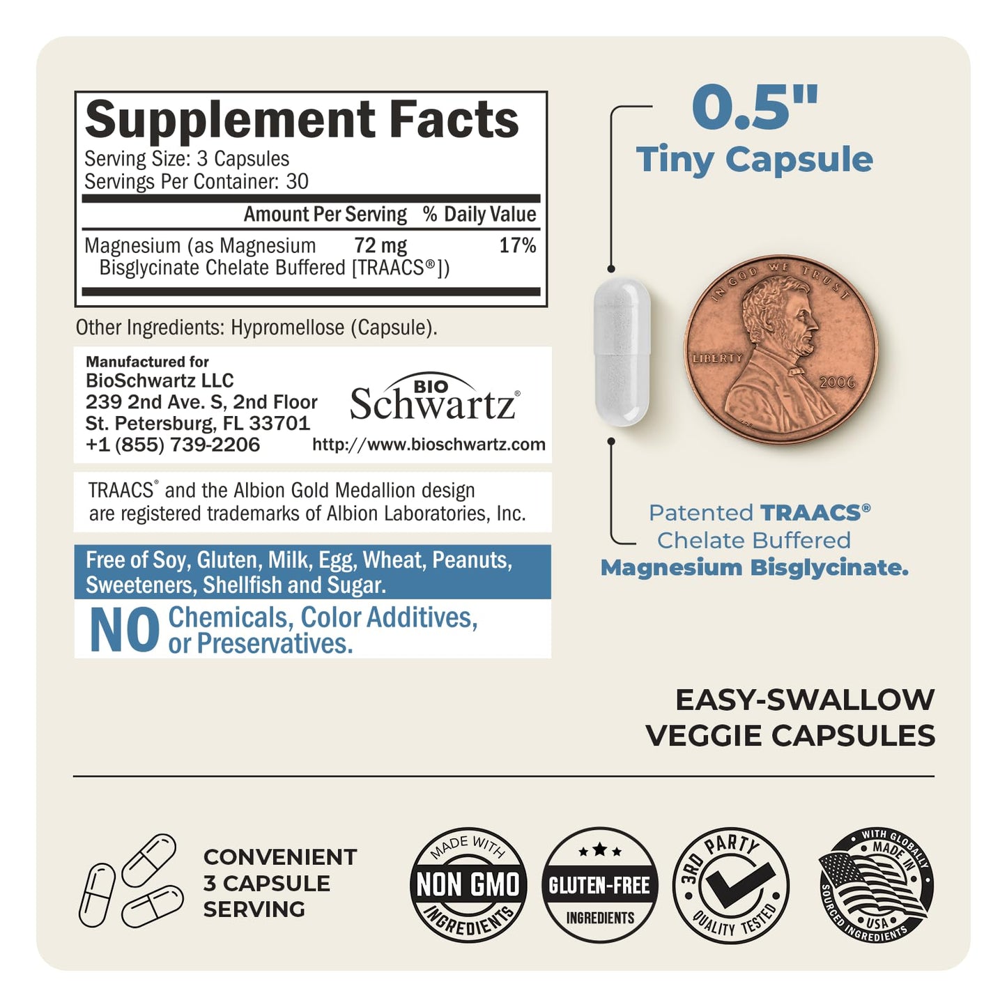 Magnesium Bisglycinate 100% Chelate No-Laxative Effect - Maximum Absorption & Bioavailability, Fully Reacted & Buffered - Healthy Energy Muscle Bone & Joint Support - Non-GMO Project Verified - 90 ct - Medaid International