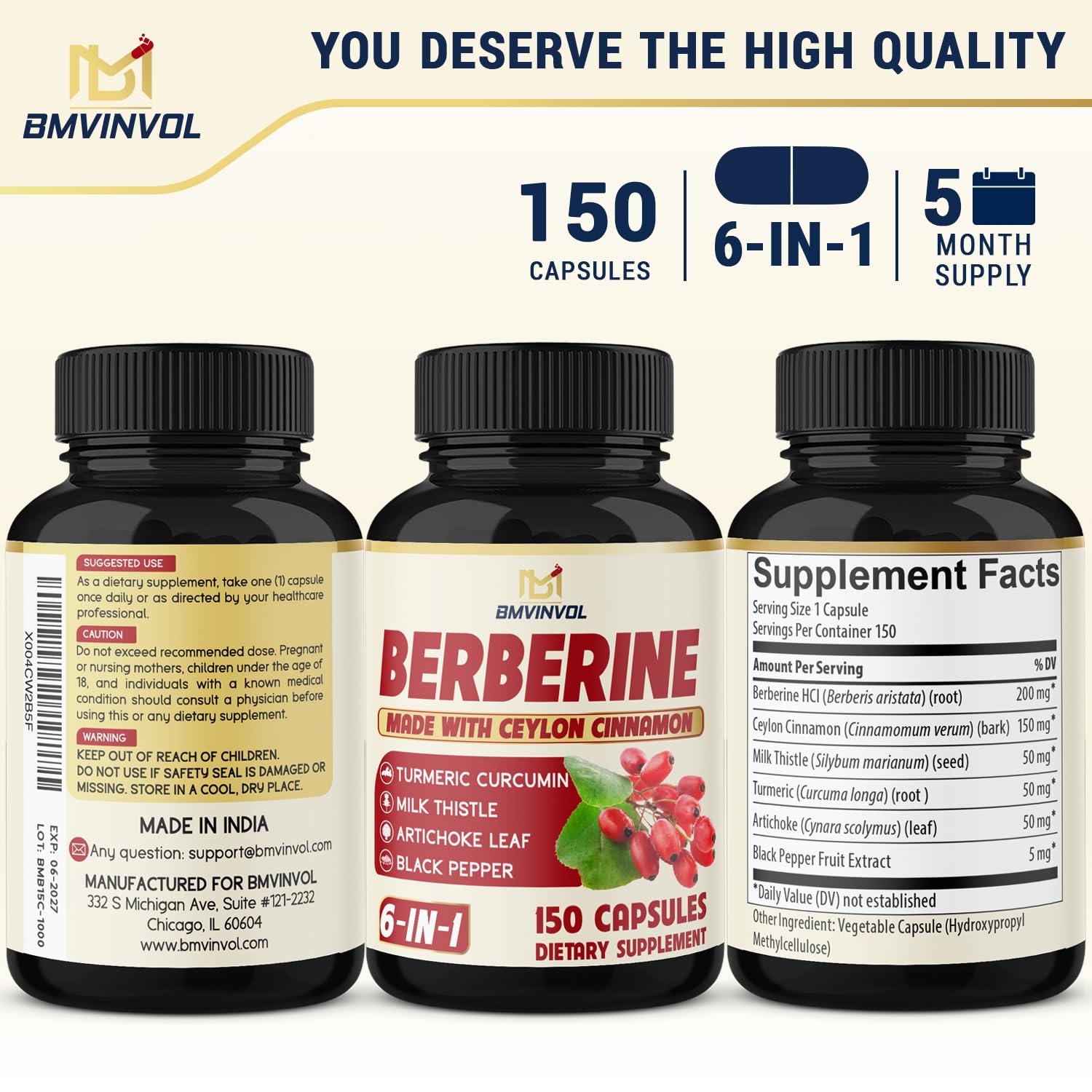 Berberine with Ceylon Cinnamon, Turmeric, Milk Thistle, Artichoke, Black Pepper - 150 Count - Pack of 1 - Medaid International