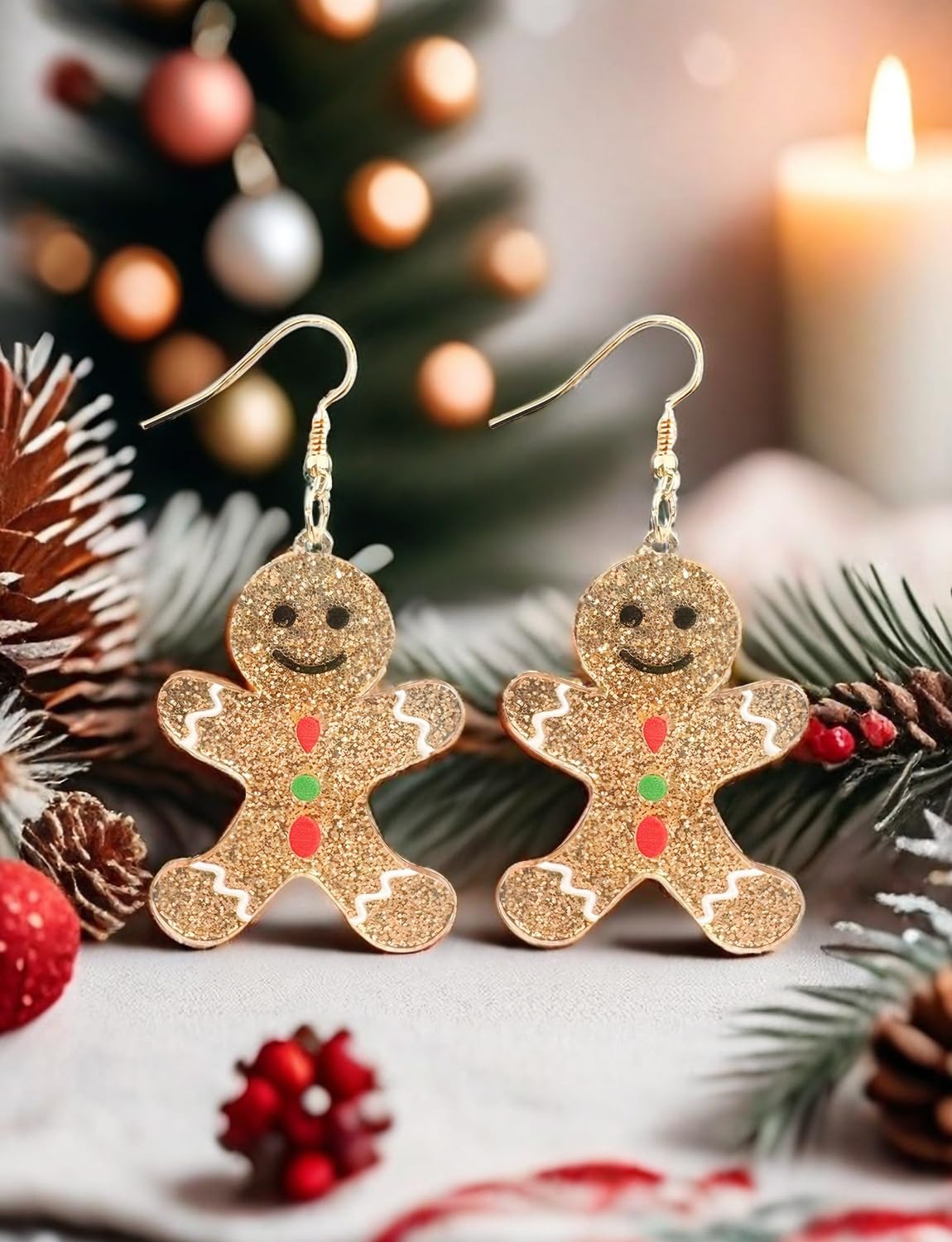 Christmas Gingerbread Man Glitter Gold Acrylic Earrings Charm Dangle Drop Earrings Resin Fashion Statement Holiday Xmas Party Dress Outfits Decor for Women - Medaid International