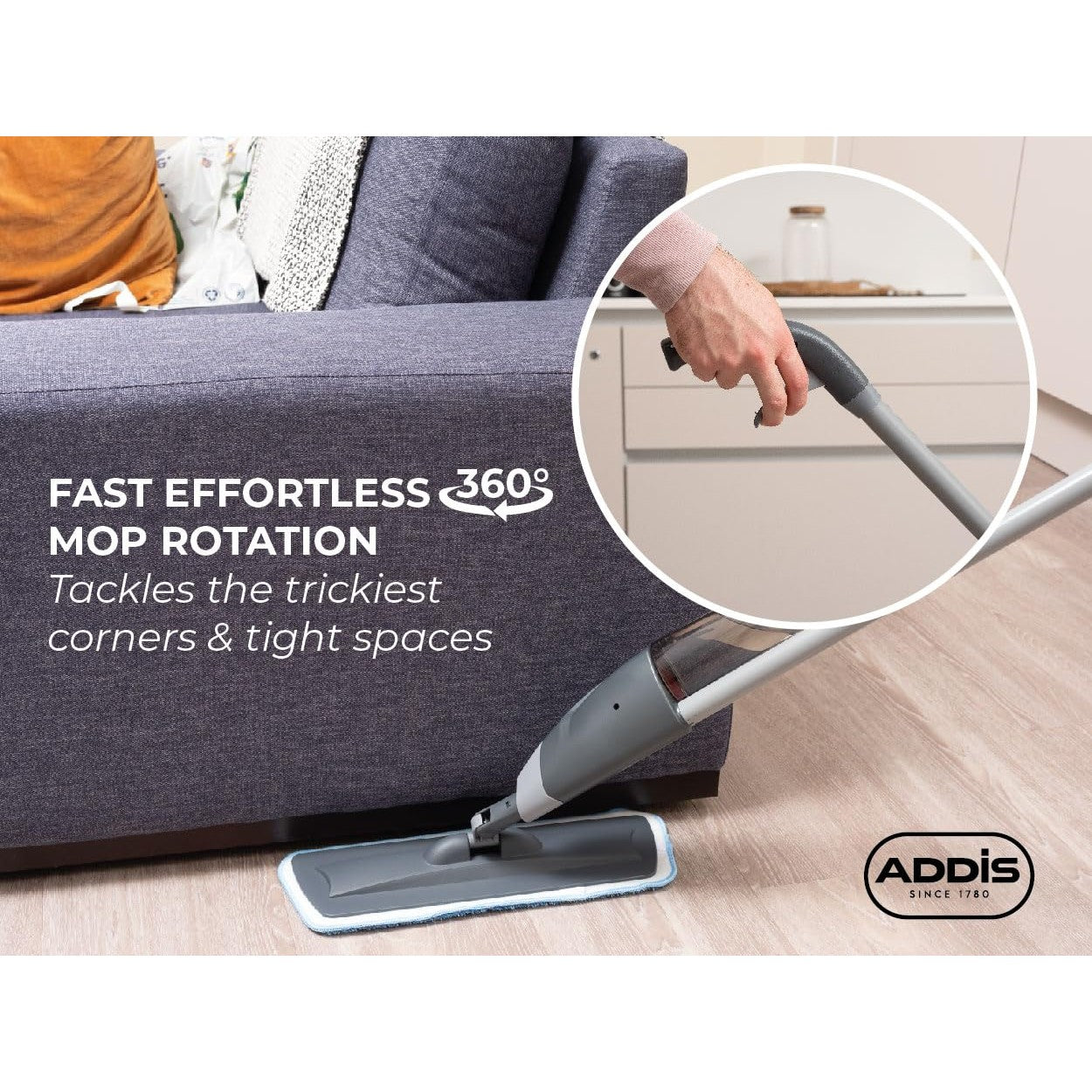 Addis 513619 Spray Mop 2 in 1 with Microfibre Flat Pad Head, Metallic & Blue, 40 x 12 x 128 cm - Medaid International