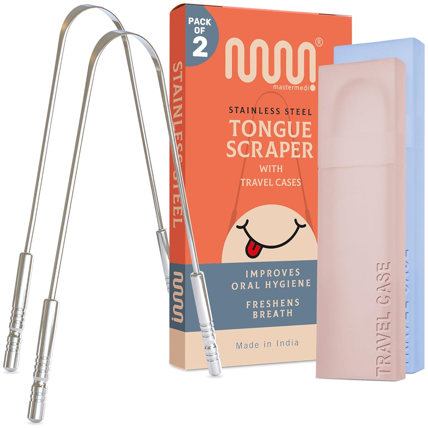 MasterMedi Tongue Scraper for Adults with Multicolor Travel Cases (2 Pack), 100% Stainless Steel, Reduce Bad Breath, Tongue Scrubber, Easy to Use, Tongue Cleaner for Oral Care & Hygiene - Medaid International