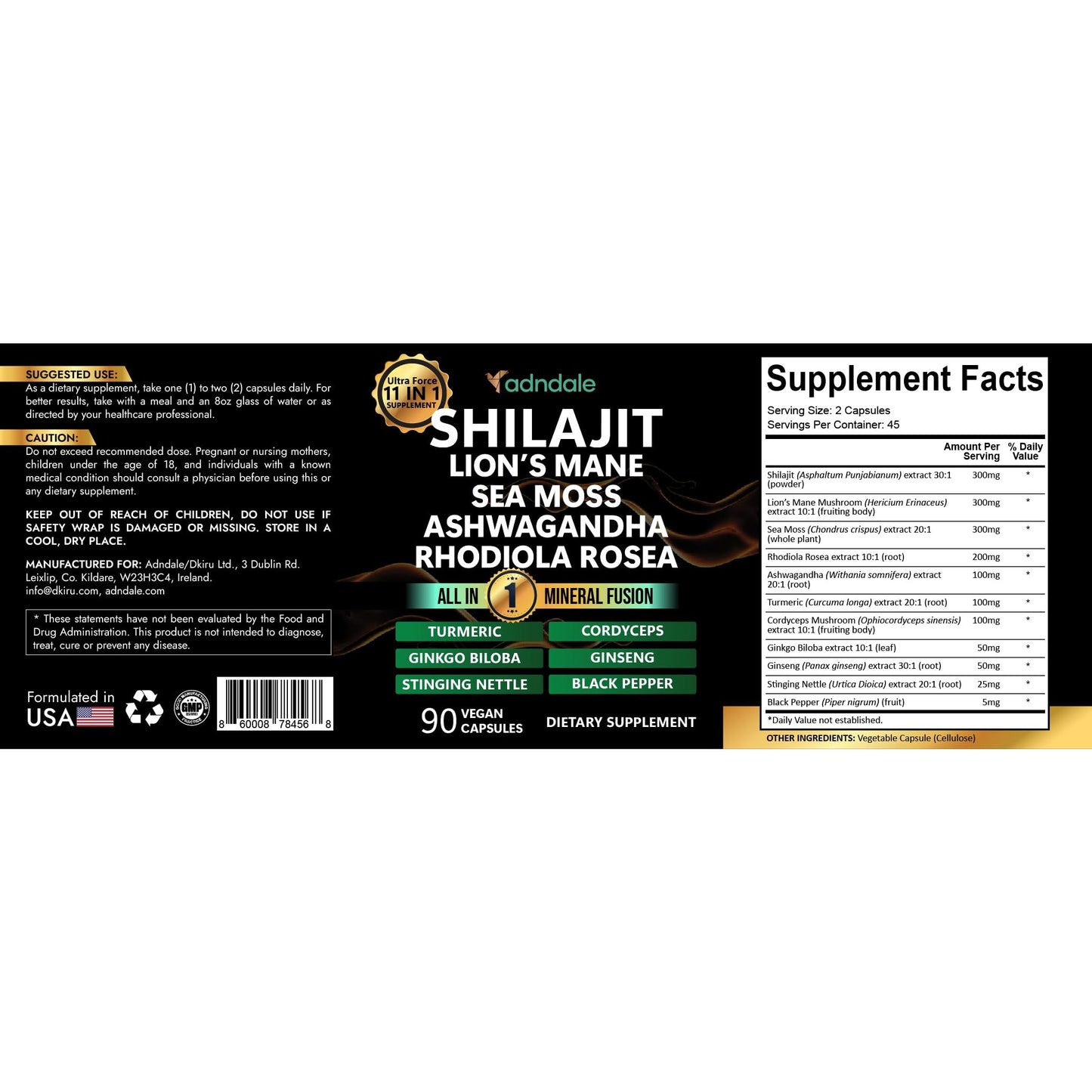 Adndale Shilajit Supplement. Pure Himalayan Organic Shilajit for Men and Women Capsules with Sea Moss Ashwagandha Rhodiola Rosea Lion’s Mane. 90 Count - Medaid International