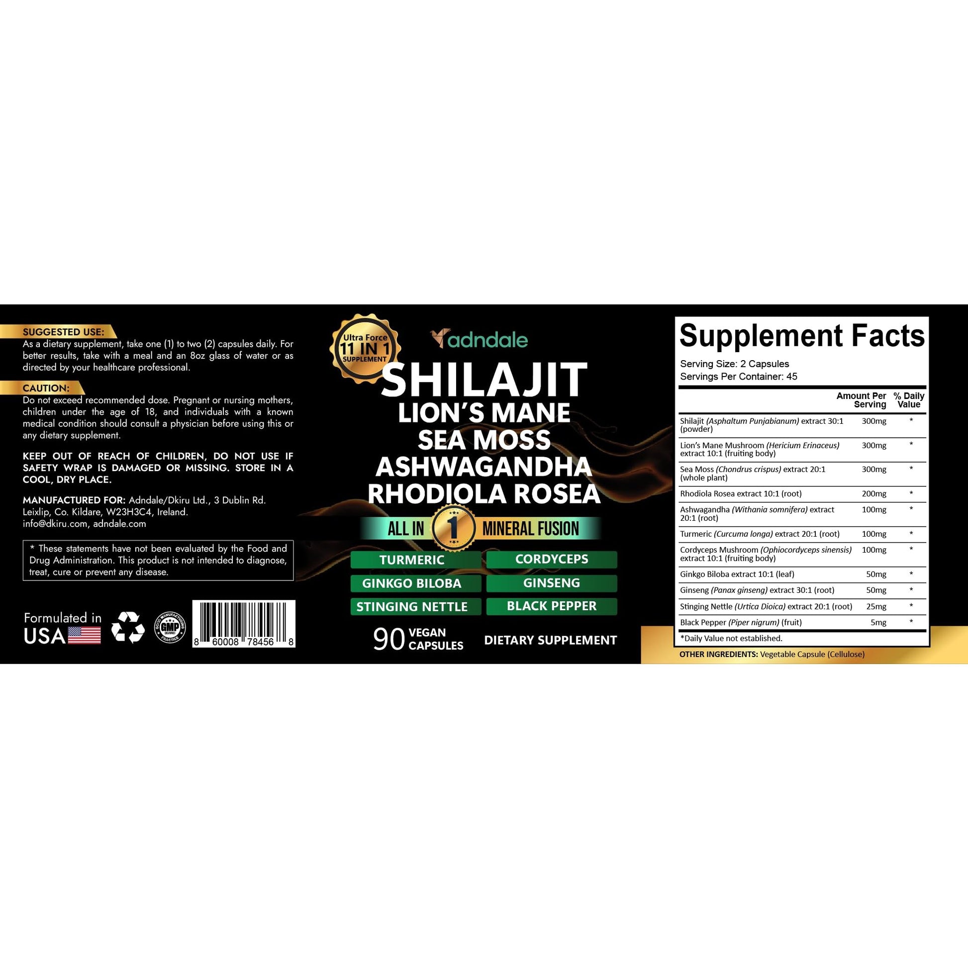 Adndale Shilajit Supplement. Pure Himalayan Organic Shilajit for Men and Women Capsules with Sea Moss Ashwagandha Rhodiola Rosea Lion’s Mane. 90 Count - Medaid International