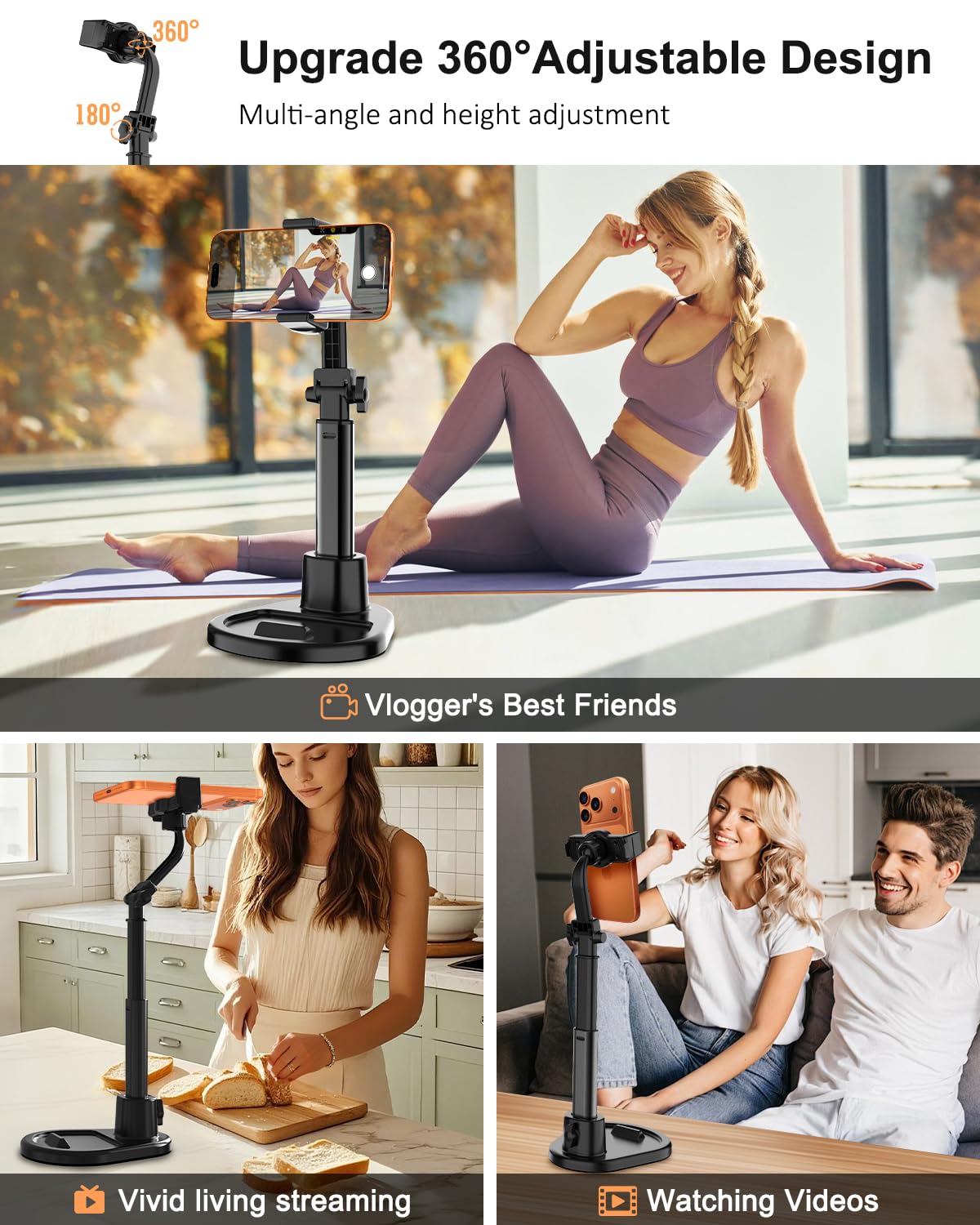 Cell Phone Stand for Desk,360° Rotating Adjustable Angle Height Phone Holder with Stable Metal Base Anti-Slip Recording Chat Tilting Stand Retractable Cell Phone Stand Office Accessories,4.7"-7",Dark - Medaid International