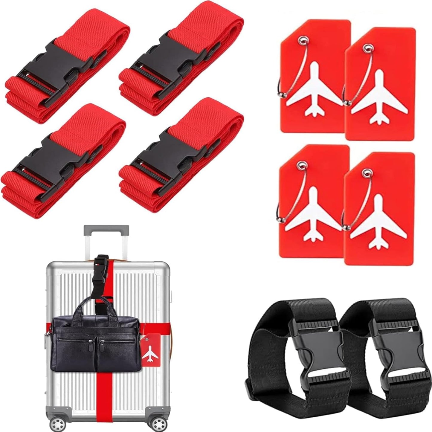 TZAONEN Luggage Straps for Suitcases TSA Approved & Luggage Tag Set, Adjustable Travel Luggage Belt for Luggage, Suitcase Packing Straps to Keep Suitcase Secure While Traveling (Red-10pcs) - Medaid - Lebanon