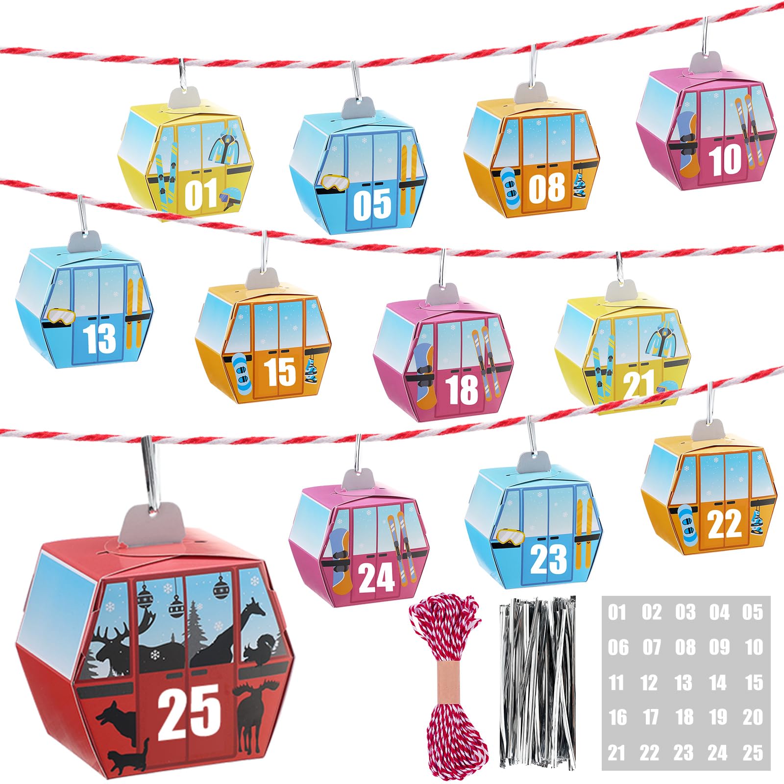 Yexiya Gondola Lift Advent Calendar for Christmas Countdown 25 Empty Advent Boxes Red White Rope and Twist Tie DIY Decoration for Xmas Holiday Hanging Decor - Medaid International