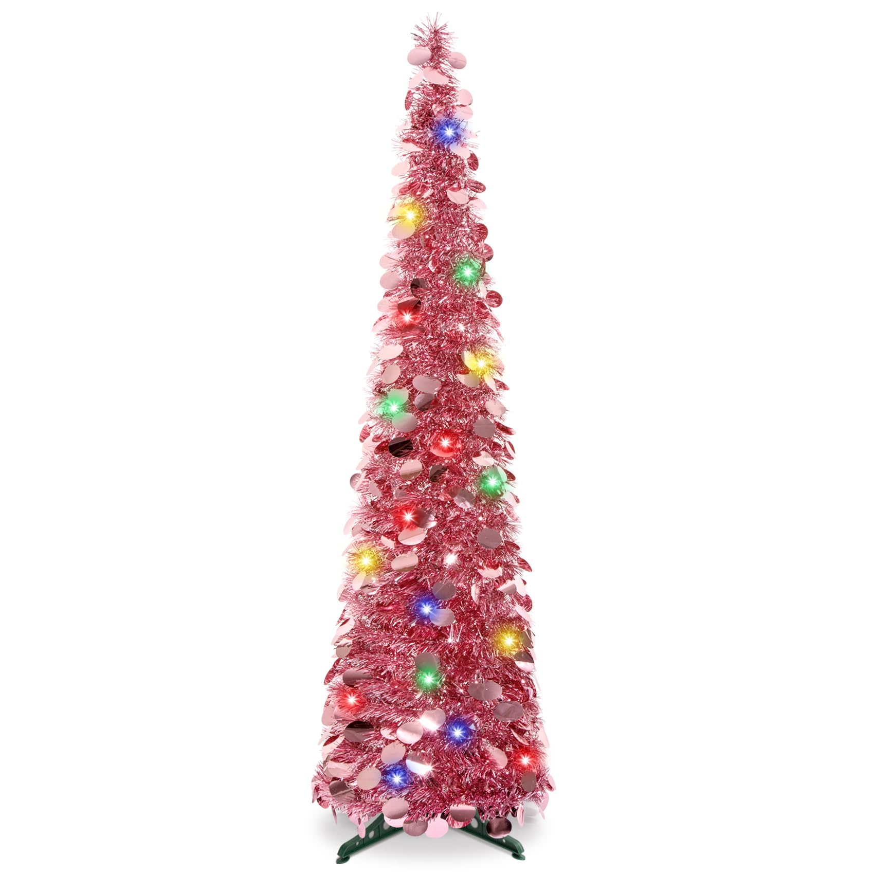 5Ft Pop Up Christmas Tree with Lights, Collapsible Pencil Tree Pink, Skinny Christmas Tree Slim Xmas Tree, Artificial Tinsel Tree Foldable for Home Apartment Holiday Party Winter Decor - Medaid International