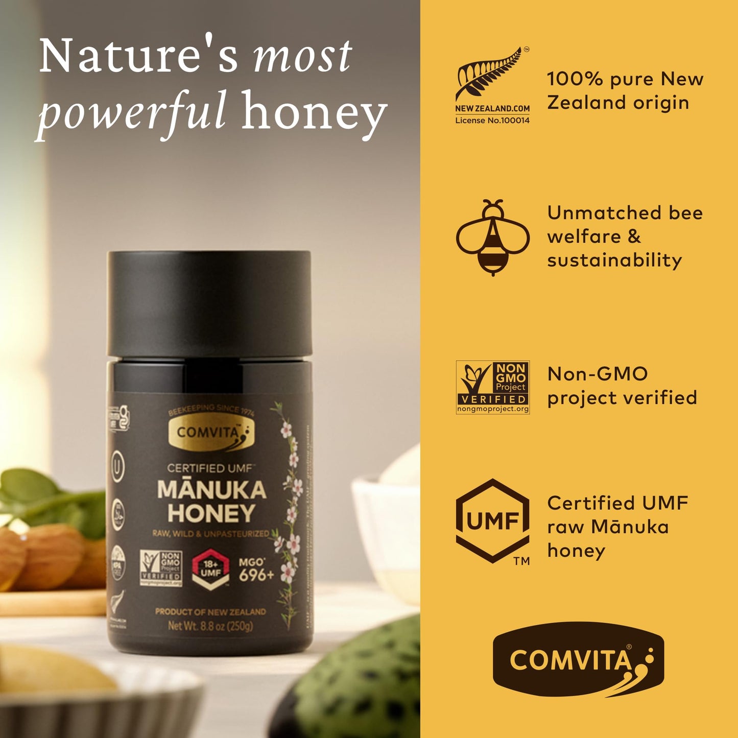 Comvita Manuka Honey UMF 18+ (MGO 696+) - Raw Manuka Honey New Zealand, Pure & Unpasteurized, Superfood for Immune Health, Use in Tea, Wild, Monofloral, Non-GMO - 250g (8.8 oz) - Medaid International
