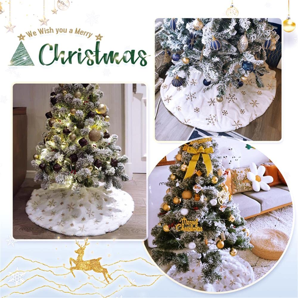 White Christmas Tree Skirt Small 24inch Faux Fur Tree Skirt Sequin Tree Carpet Mini Gold Glitter Tree Skirting Double Layers for Party Xmas Holiday Party Decorations Round Tree Skirt - Medaid International
