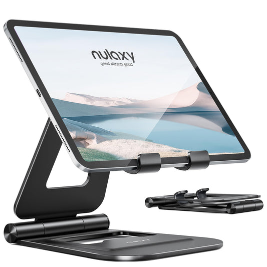 Nulaxy Aluminum Dual Foldable iPad Stand, Fully Adjustable Desktop Tablet Holder, Tablet Accessories for Office Kindle Compatible with Mobile Devices iPad Pro/Air/Mini, iPhone Pro/Max/Plus, Black - Medaid International