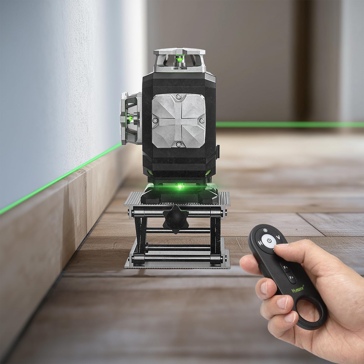 Huepar Laser Level 360 Self Leveling, 4x360° Green 4D Cross Line Laser with LCD Screen, Bluetooth Outdoor Pulse Mode Laser Tool for Construction -Remote Control, Li-ion Battery or 4 AA Batteries-S04CG - Medaid International