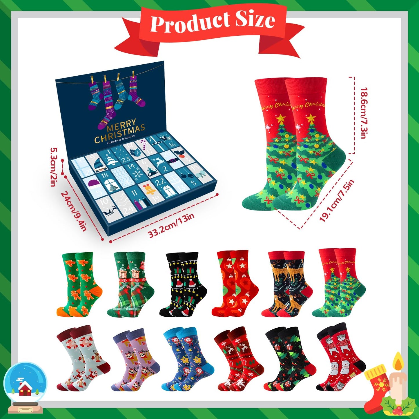 MOVINPE Socks Advent Calendar for Adults Men Women, 12 Pair of Christmas Crew Socks Funny Sock Countdown to 2025 Christmas, 24 Days Surprise Xmas Gifts Warm Cotton Sock - Medaid International