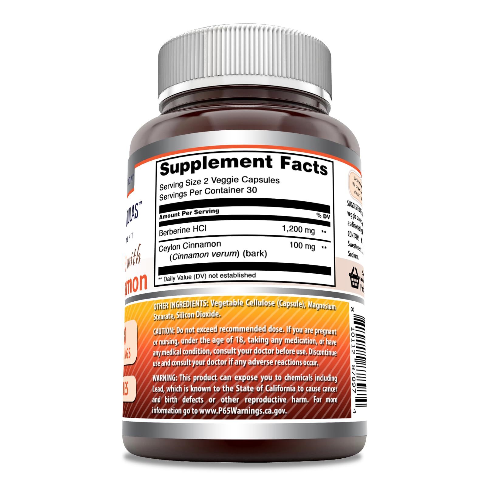 Amazing Formulas Berberine with Pure Ceylon Cinnamon 1200 Mg Per Serving | Premium Complex Supplement | Veggie Capsules | Non-GMO | Gluten Free | Made in USA (1 Pack, 60 Count) - Medaid International