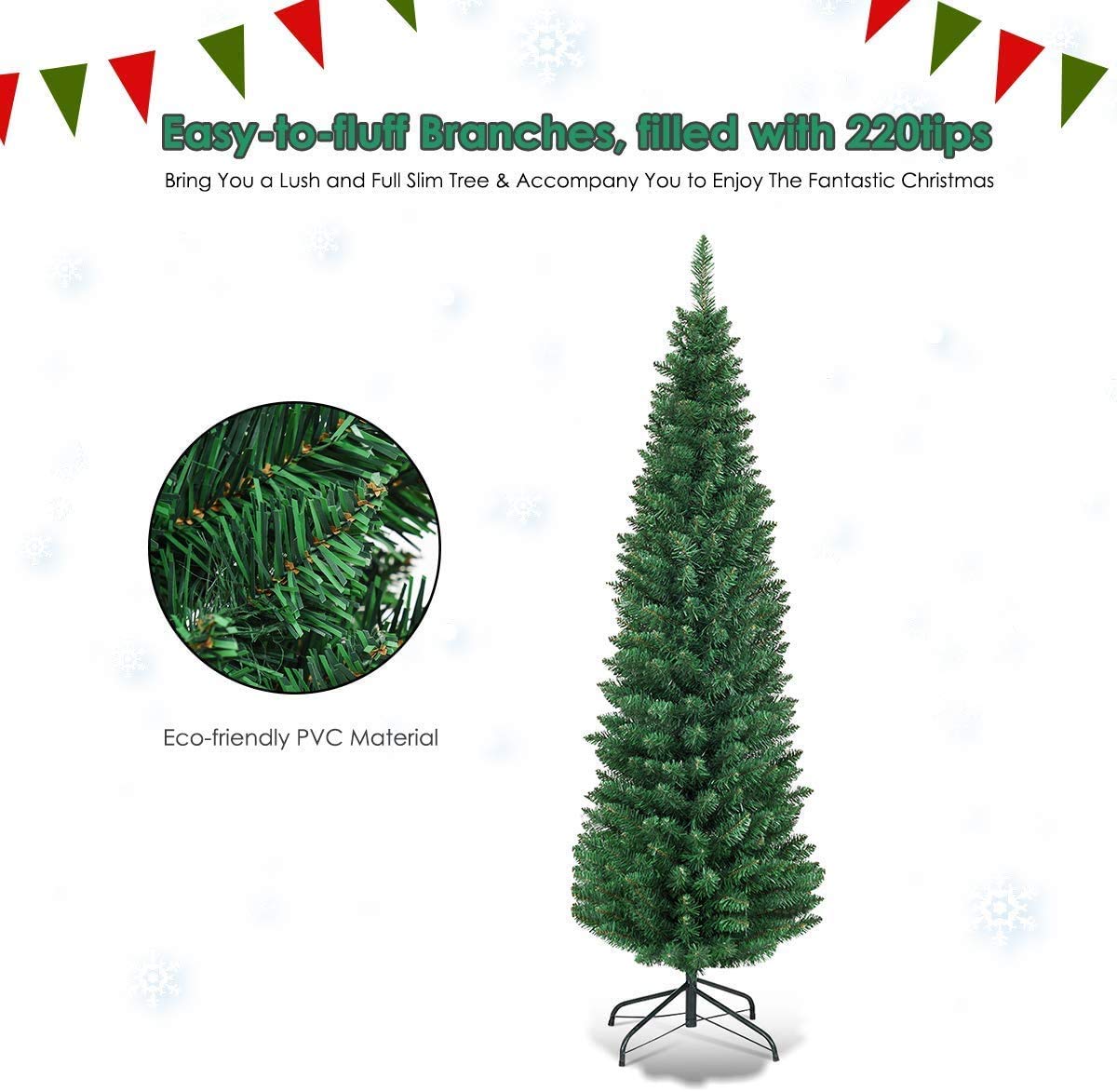 Giantex, Green Artificial Pencil Christmas, Premium Hinged Pine Tree with Solid Metal Legs, Perfect for Home, Shops and Holiday Decoration, (5FT) (Artificial Pencil Christmas Tree) - Medaid International