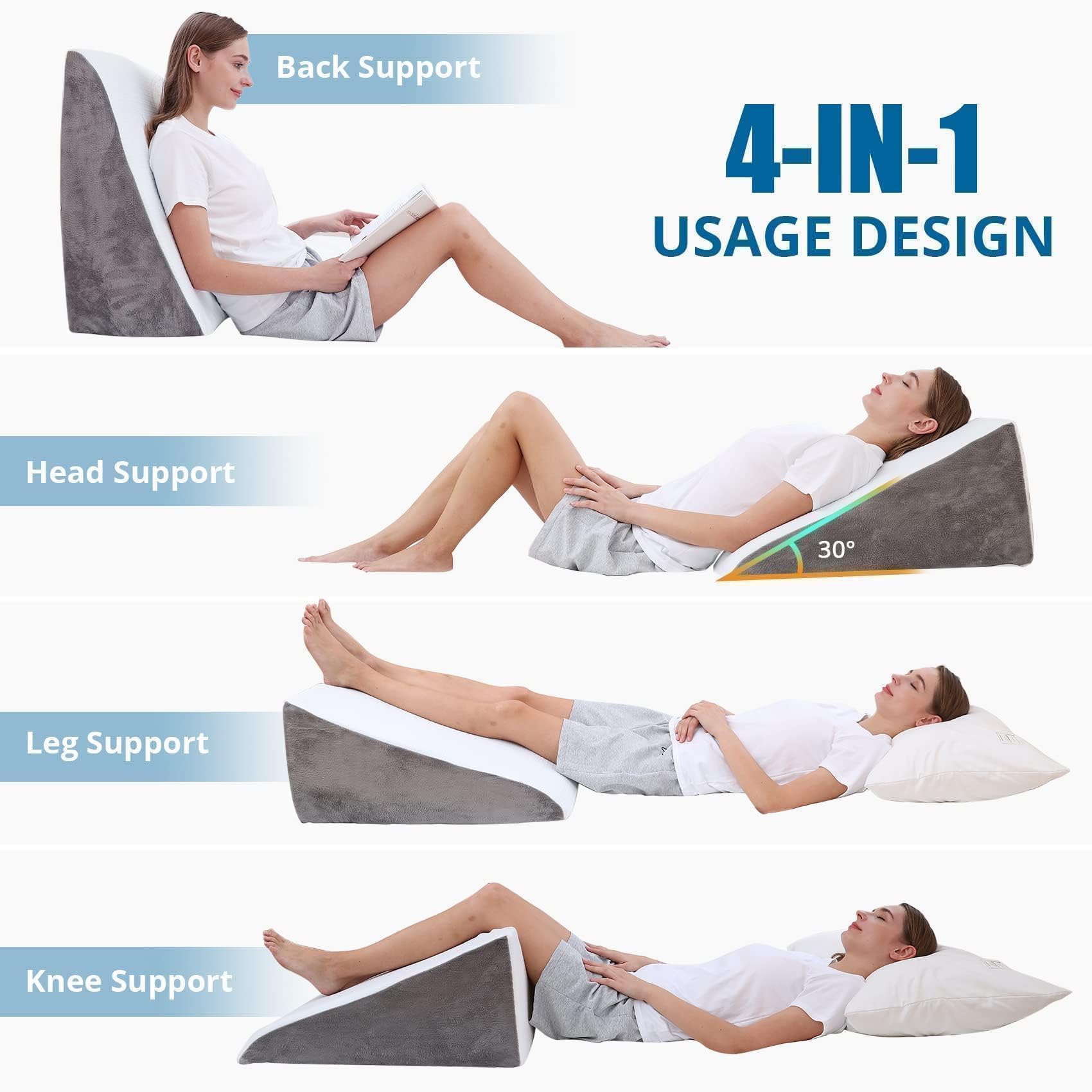 Sasttie Wedge Pillow, 12 Inch Memory Foam Bed Wedge Pillow for Sleeping, Acid Reflux, Back Pain, Post Surgery, and Snoring, Designed with Washable Cover, Cool Gray - Medaid International