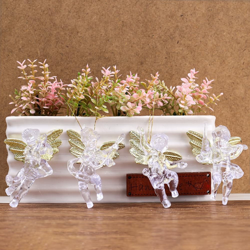 4 PCS Christmas Transparent Angel Hanging Ornament Cute Angels with Gold Wings Xmas Tree Decorative Pendant 7 * 5CM - Medaid International