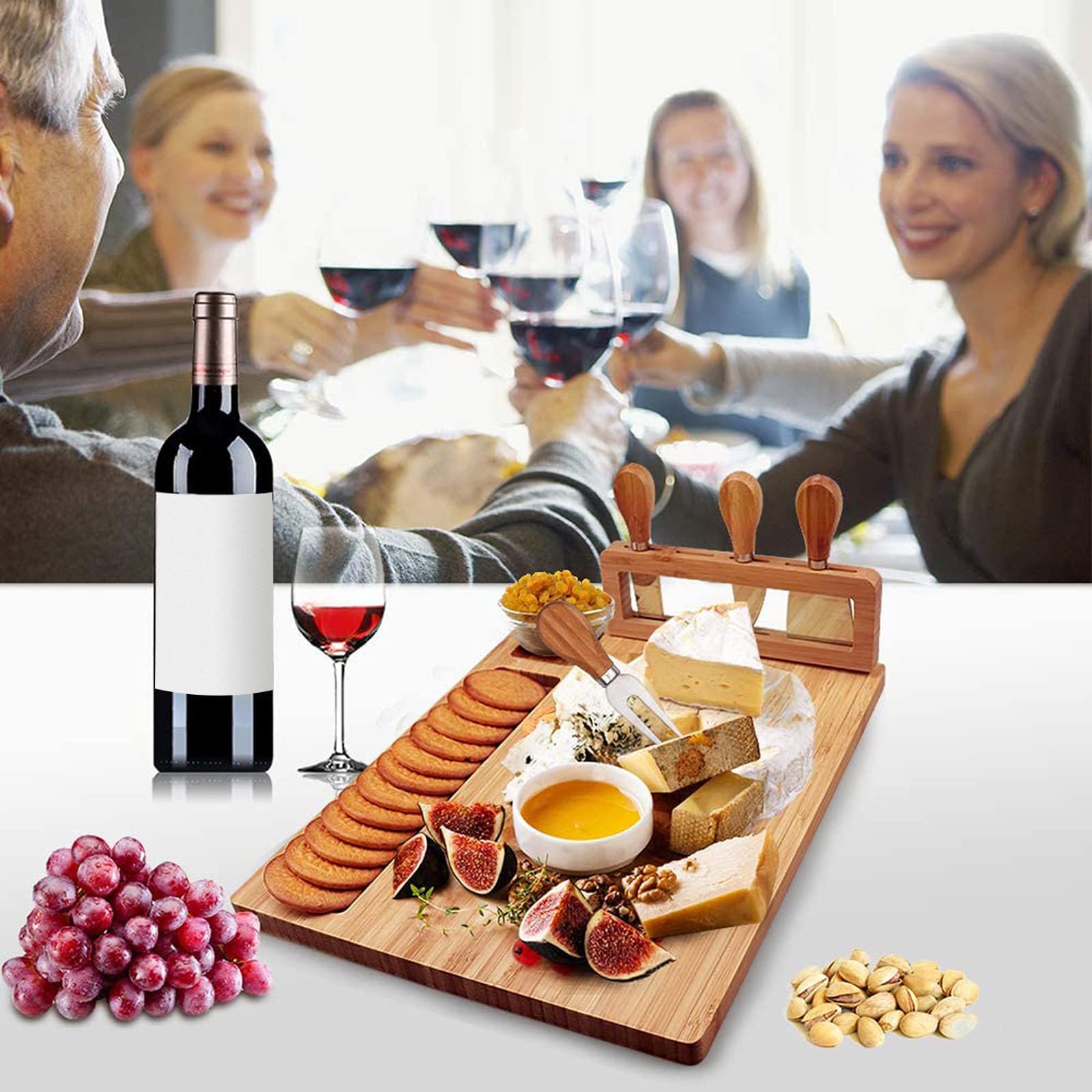 Widousy Bamboo Cheese Board Set, Cheese Tray, Charcuterie Board and Serving Meat Platter with 4 Stainless Steel Cheese Knives, Ideal for Wedding Gifts Christmas Birthday Party (14''x11'') - Medaid International