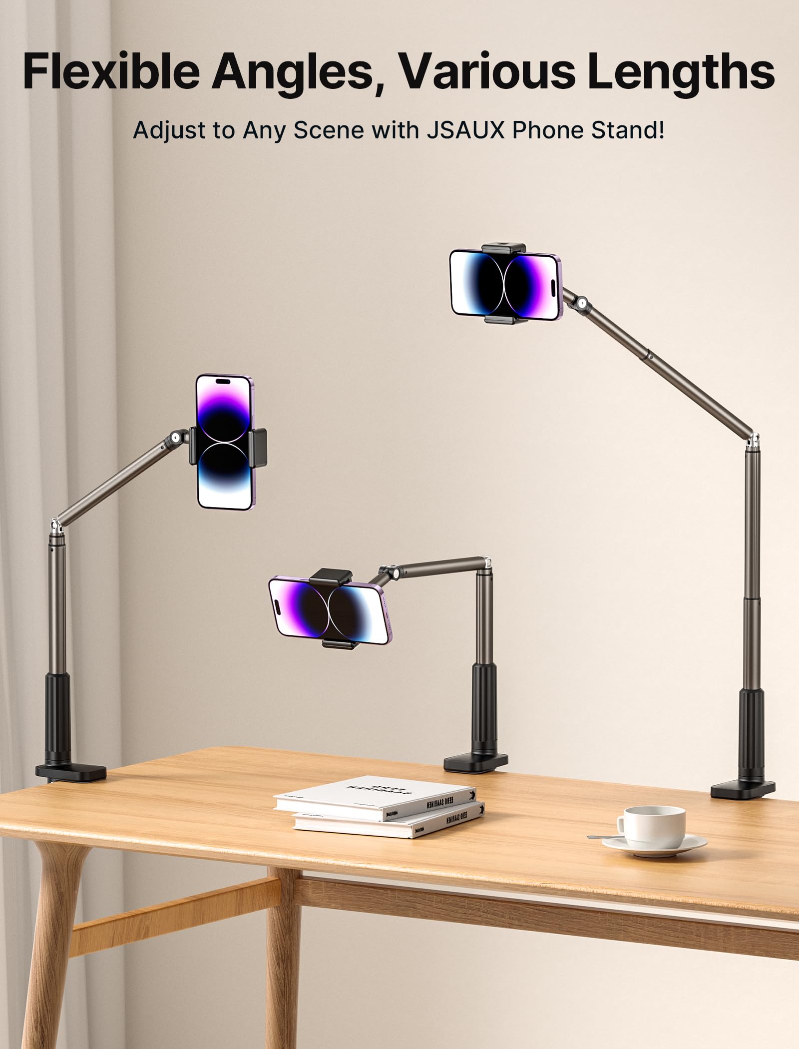 JSAUX Phone Holder for Desk and Bed Compatible with iPhone 16 15 14 13 12 Overhead Phone Mount Gooseneck Phone Stand Flexible 360 Lazy Long Arm Clamp Clip for Table Bedside [1-Pack, Black] - Medaid International