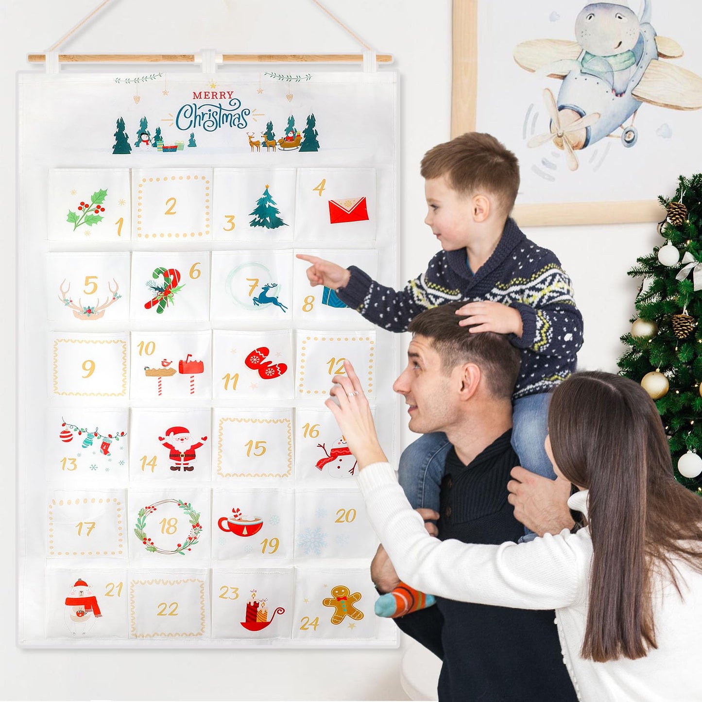 HOWAF 2025 Christmas Advent Calendar (Countdown to Christmas), 24 Days Mystery Christmas Countdown Calendar with 24 Pockets for Xmas Holiday Home Wall Decoration, White Gold Xmas Calendars - Medaid International