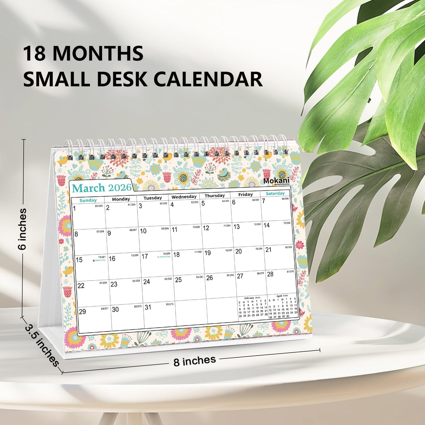 Small Desk Calendar 2026-2027, Mokani Standing Desktop Calendar (Jan.2026-Jun.2027), Academic Flip Calender with Stickers & US Holidays Marked (8"x6") - Medaid International