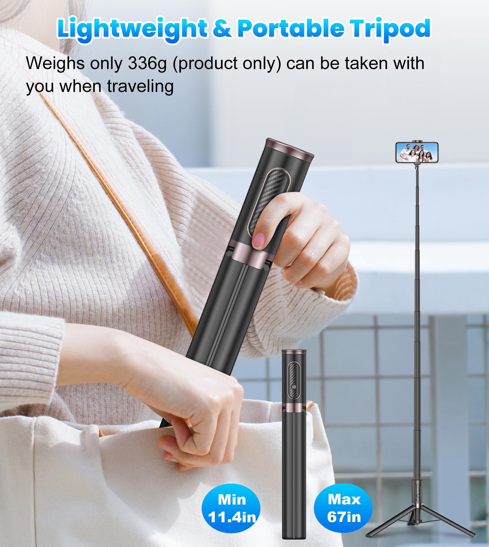 TONEOF 67" Cell Phone Selfie Stick Tripod,Smartphone Stand All-in-1 with Integrated Wireless Remote,Portable,Lightweight,Extendable for iPhone/Android(Black) - Medaid International