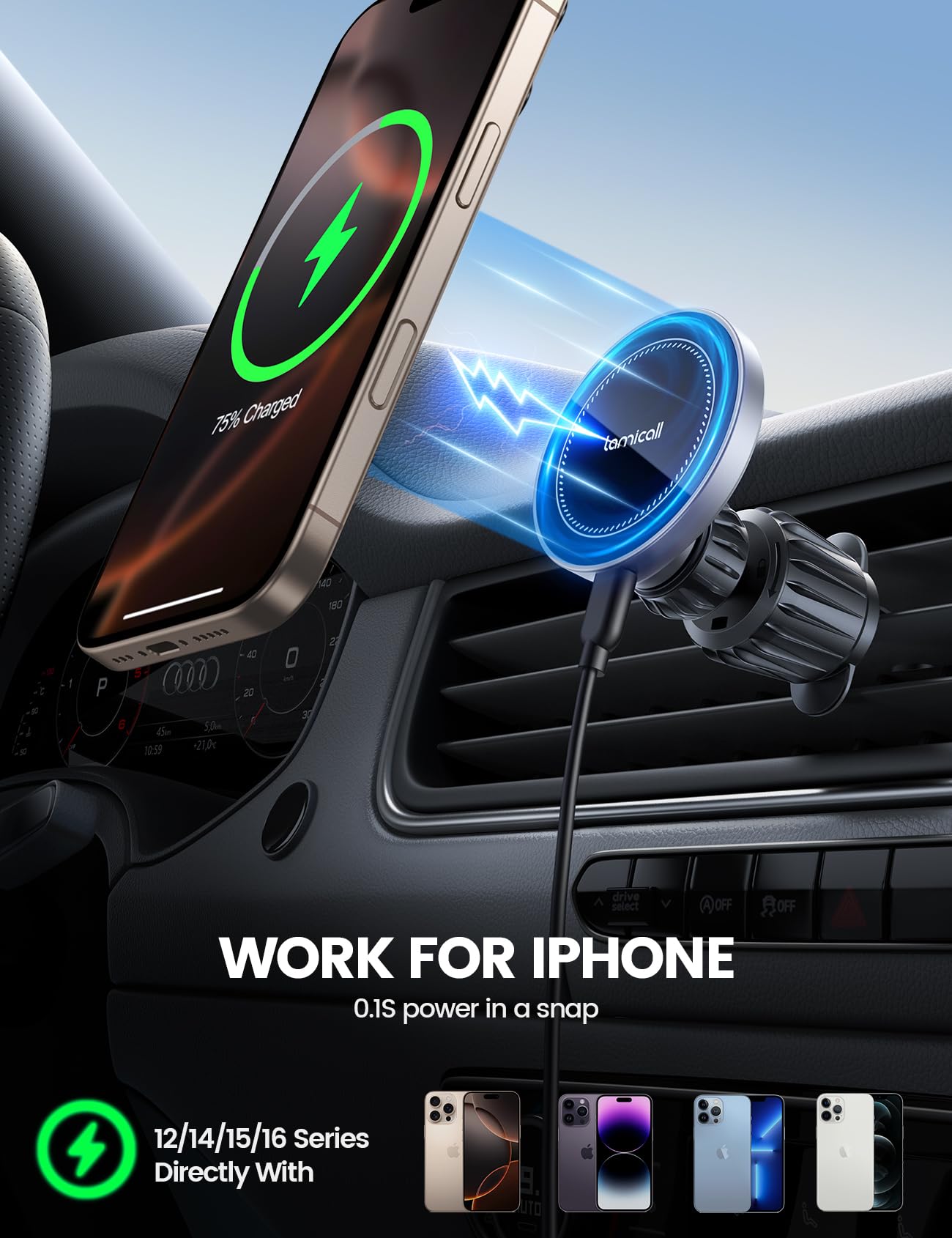 Lamicall 15W Wireless Car Mount Charger - [3-in-1 Upgraded Intelligent Chip] 360° Wireless Car Phone Holder Vent Dashboard Magnetic Car Charger for iPhone 16 Pro Max Silver - Medaid International