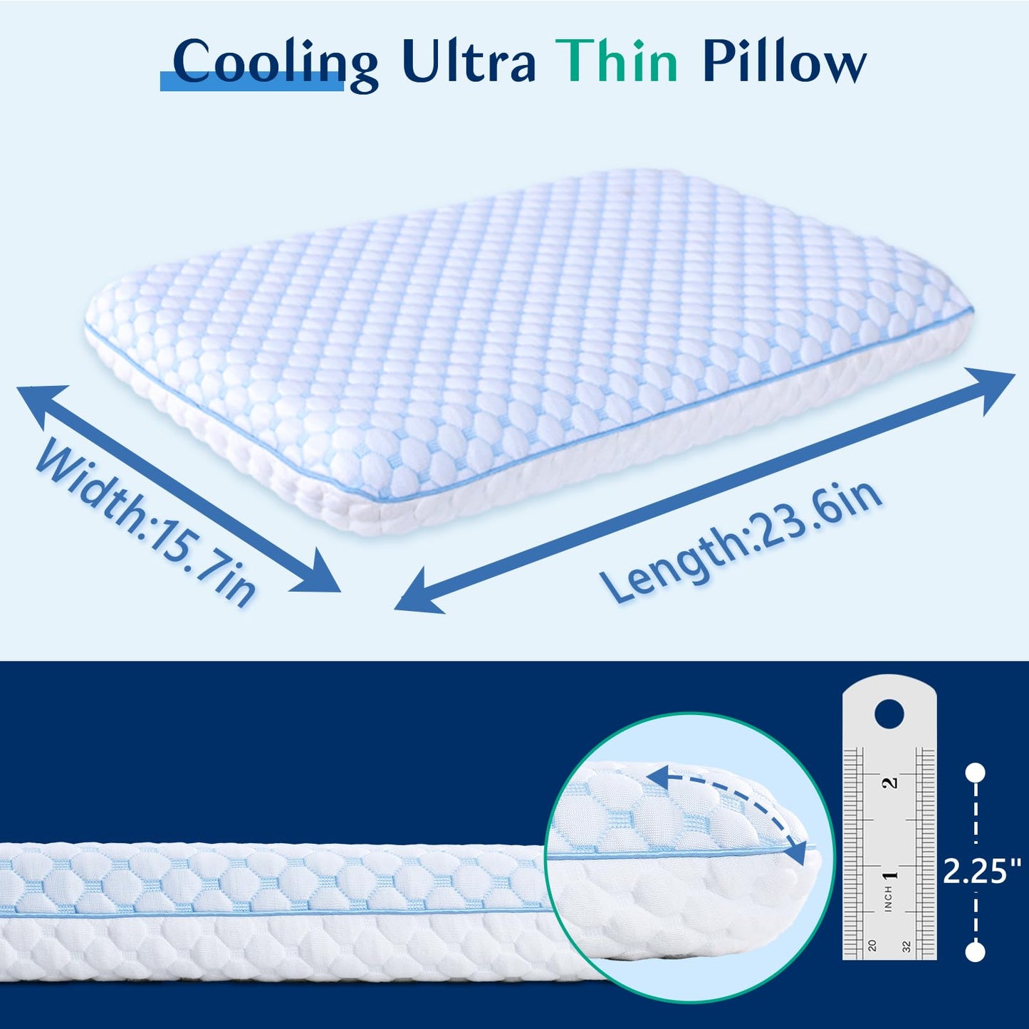 Iwacool Thin Pillow for Sleeping, Cooling Gel Flat Pillow for Stomach and Back Sleepers, Ultra Slim Stomach Sleeping Pillows for Shoulder Neck Pain Relief, Low Profile Memory Foam Pillows 2.25-inches - Medaid International