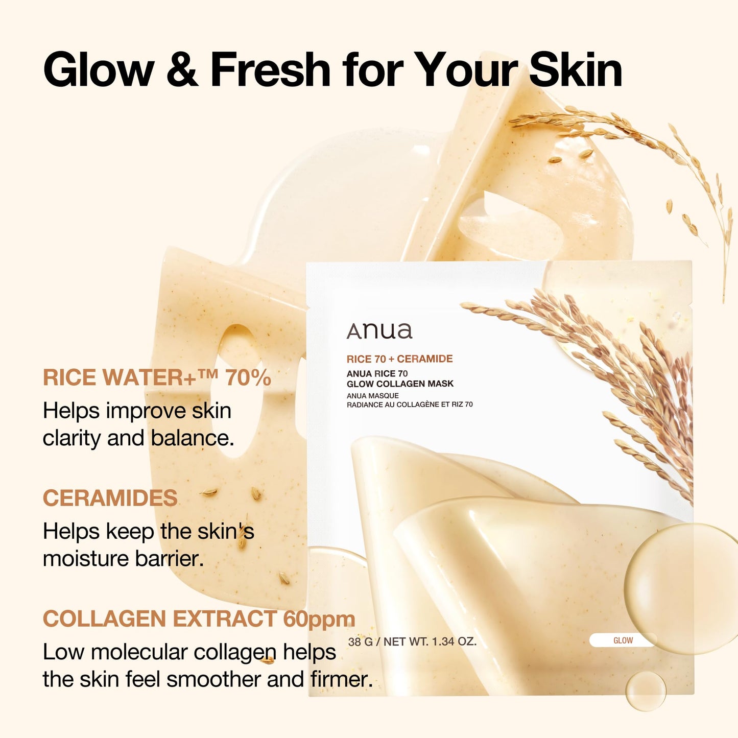 ANUA Rice 70 Glow Collagen Mask, Overnight Face Mask for Glass Skin, Ceramide, Collagen Facial Mask, Skin Moisture Barrier, Tightening Care, Natural Color, Korean Skin Care (38g, 4ea) - Medaid International