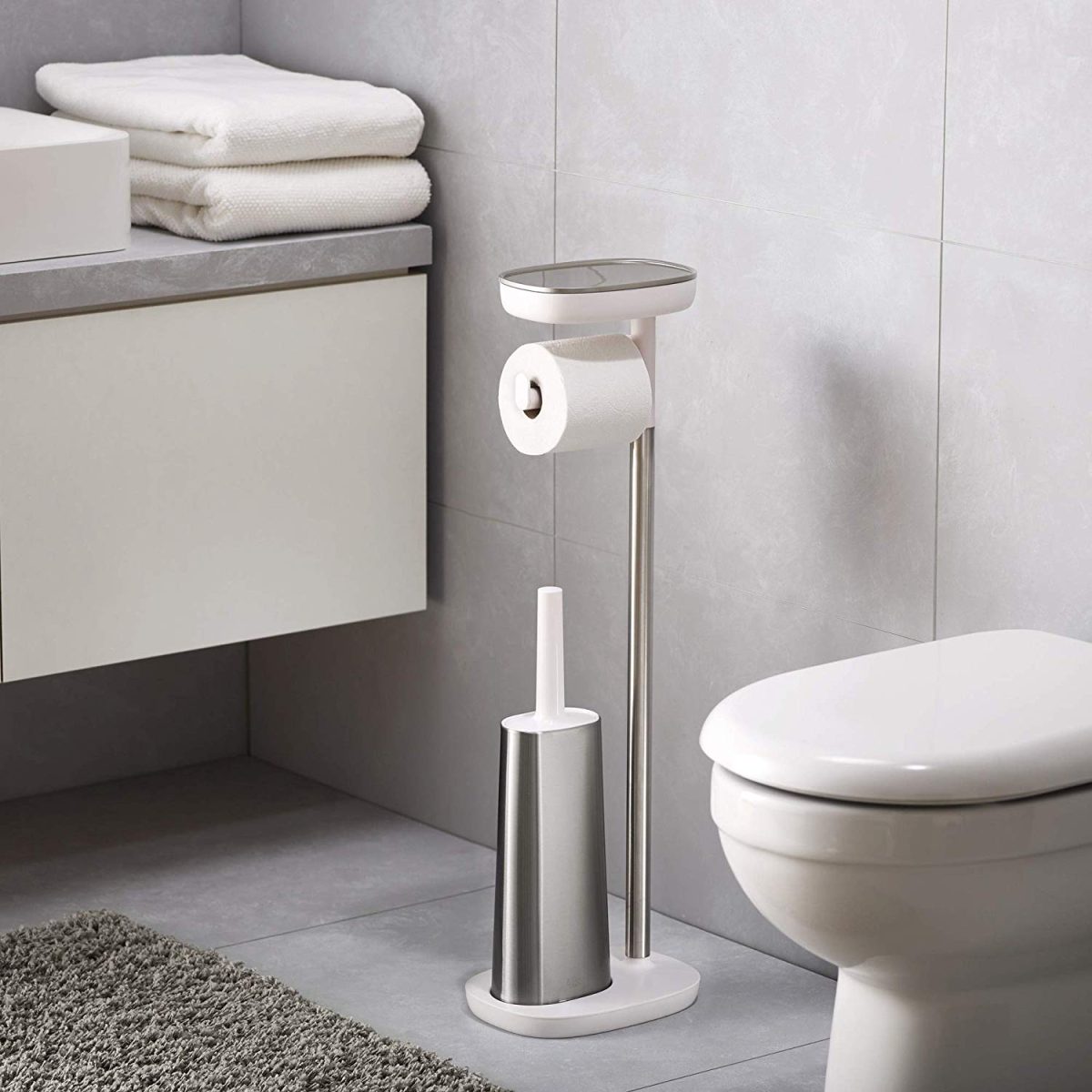 Joseph Joseph EasyStore Butler Toilet Paper Holder Stand and Flex Toilet Brush with Shelf and Drawer, Stainless Steel - Medaid International