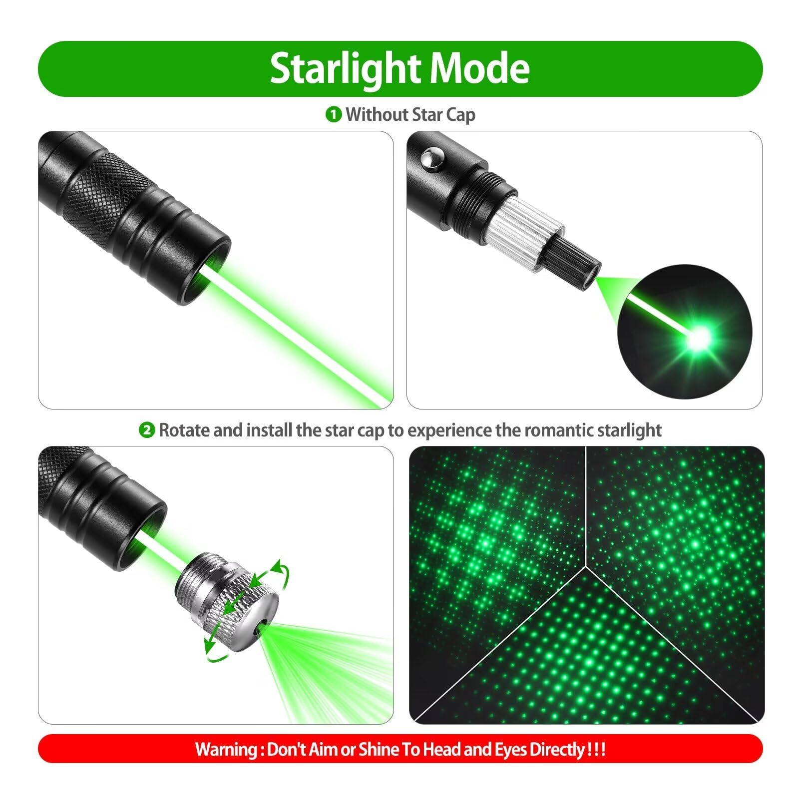 Green Laser Pointer High Power Rechargeable Lazer Pointer, Laser Pen with Long Range Adjustable Focus with Star Cap, Laser Pointer Pen Suitable for Outdoor, Astronomy, Cats Dogs (Green) - Medaid International