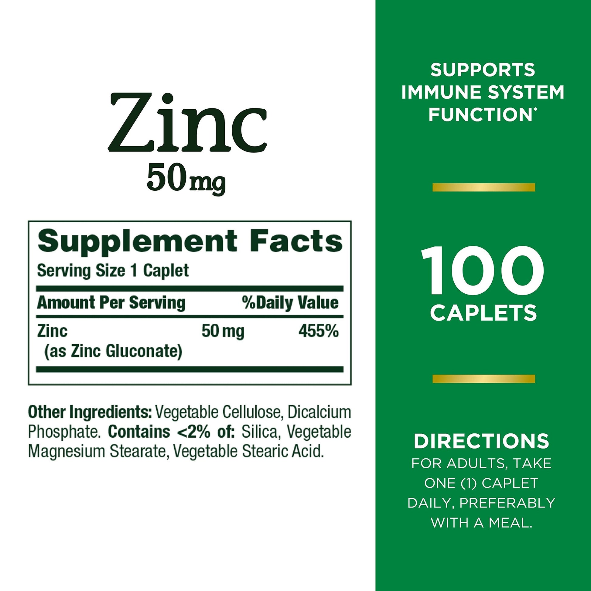 Nature’s Bounty Zinc 50mg | Immune System, Skin, & Antioxidant Health Support | Contributes to DNA Formation | Vegetarian, Non-GMO, Gluten Free | 100 Caplets, 1 Serving Per Day for Daily Health - Medaid International