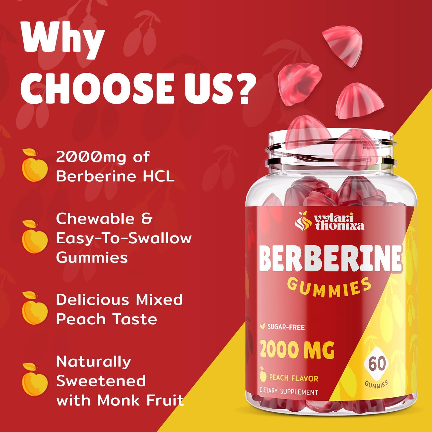 2000mg Berberine Supplement Gummies – High Potency Wellness Blend with Ceylon Cinnamon, Turmeric, Magnesium & Chromium, Vegan, Non-GMO, Gluten-Free, Peach Flavor, 60 Gummies - 1 Pack - Medaid International