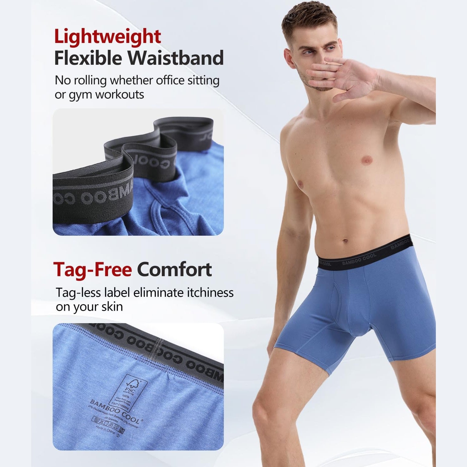 BAMBOO COOL Men's Underwear Boxer Briefs Ultra Breathable Stretch No Riding Up with Fly Multipack - Medaid International