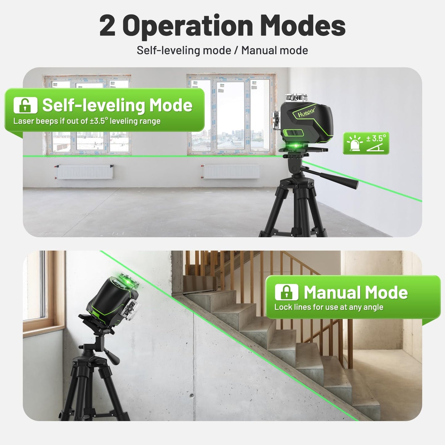 Huepar 16 Lines Self Leveling Laser Level 4x360° Cross Line Laser with Receiver -LCD Screen, 4D Bluetooth Green Beam Tiling Floor Laser Tool, 360° Horizontal/Vertical Laser Kit -Remote Control S04-5RG - Medaid International