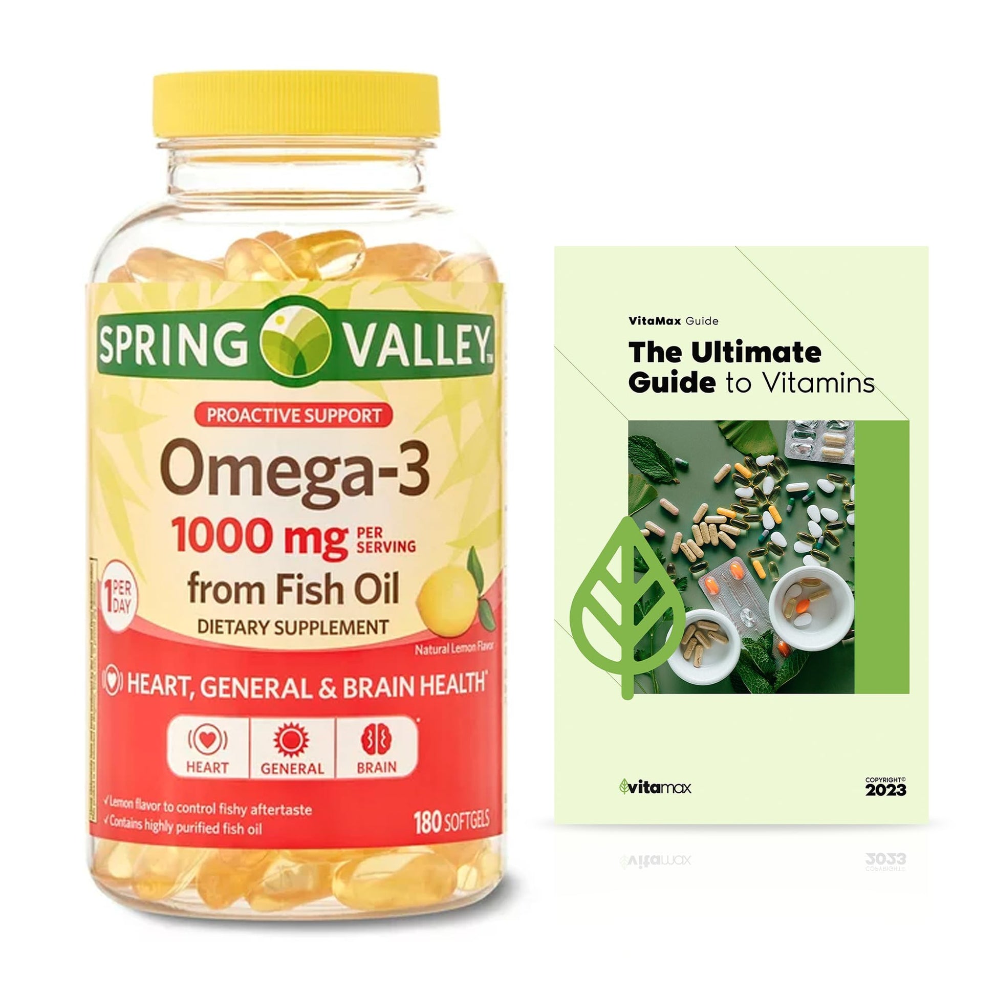 Generic Spring Valley Omega-3 from Fish Oil 1000 mg, Maximum Care, 180 Count + Exclusive VitaMax Vitamin Guide (2 Items) - Medaid International