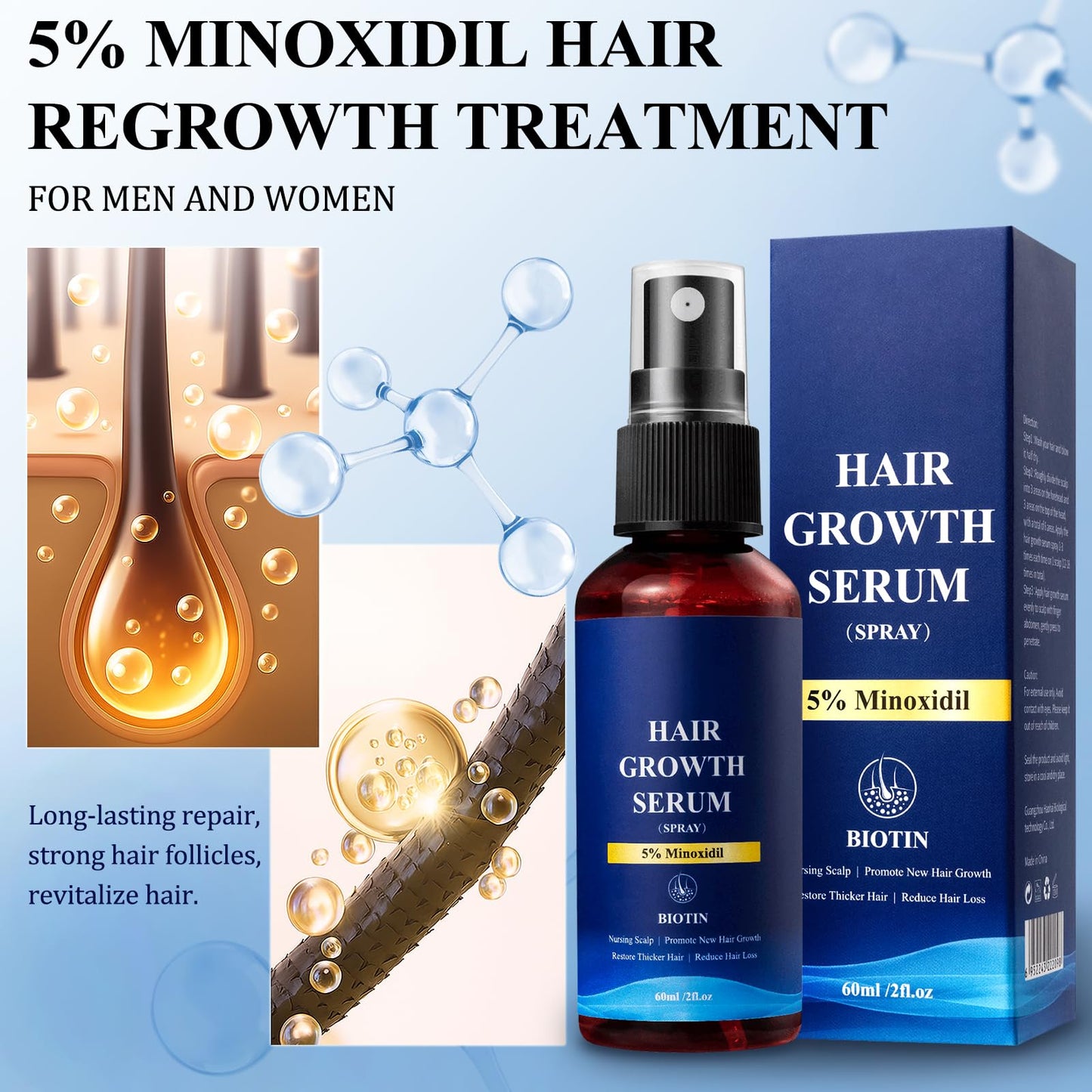 5% Minoxidil Hair Growth Spray - Minoxidil for Men and Women Hair Growth, Hair Regrowth Treatment for Stronger Thicker Hair (60ml) - Medaid International
