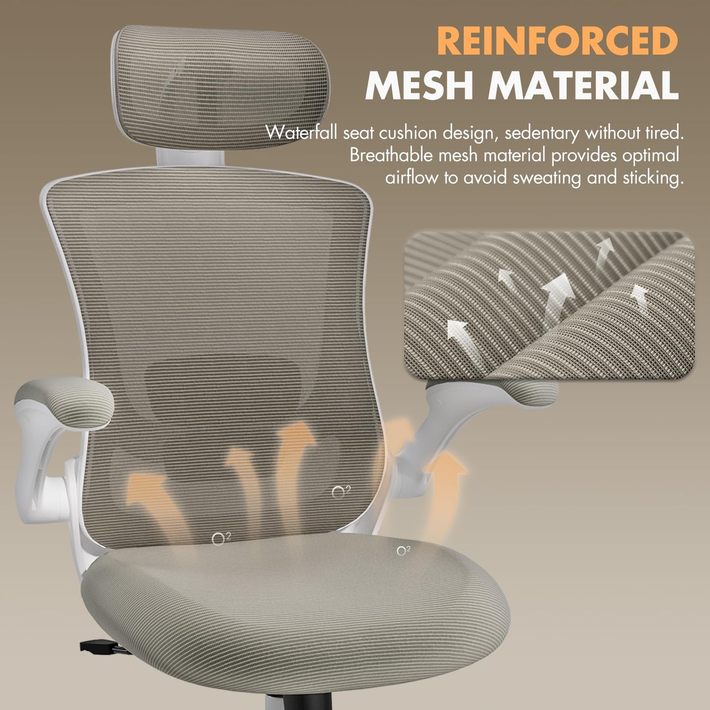 High Back Office Chair with Adjustable Lumbar Support & Headrest, Ergonomic Mesh Desk Chair with Flip-Up Armrests, Breathable & Comfortable Computer Chair for Home, Office & Study, Khaki - Medaid International