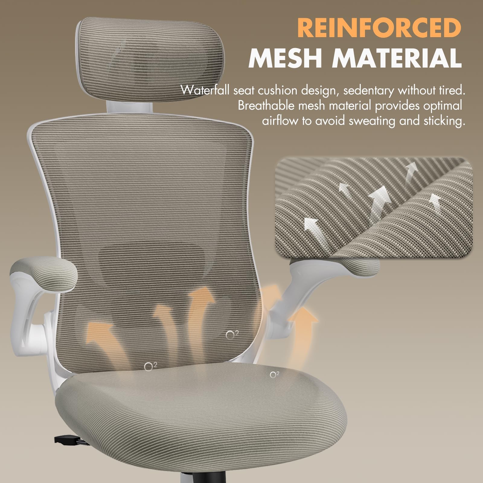 High Back Office Chair with Adjustable Lumbar Support & Headrest, Ergonomic Mesh Desk Chair with Flip-Up Armrests, Breathable & Comfortable Computer Chair for Home, Office & Study, Khaki - Medaid International
