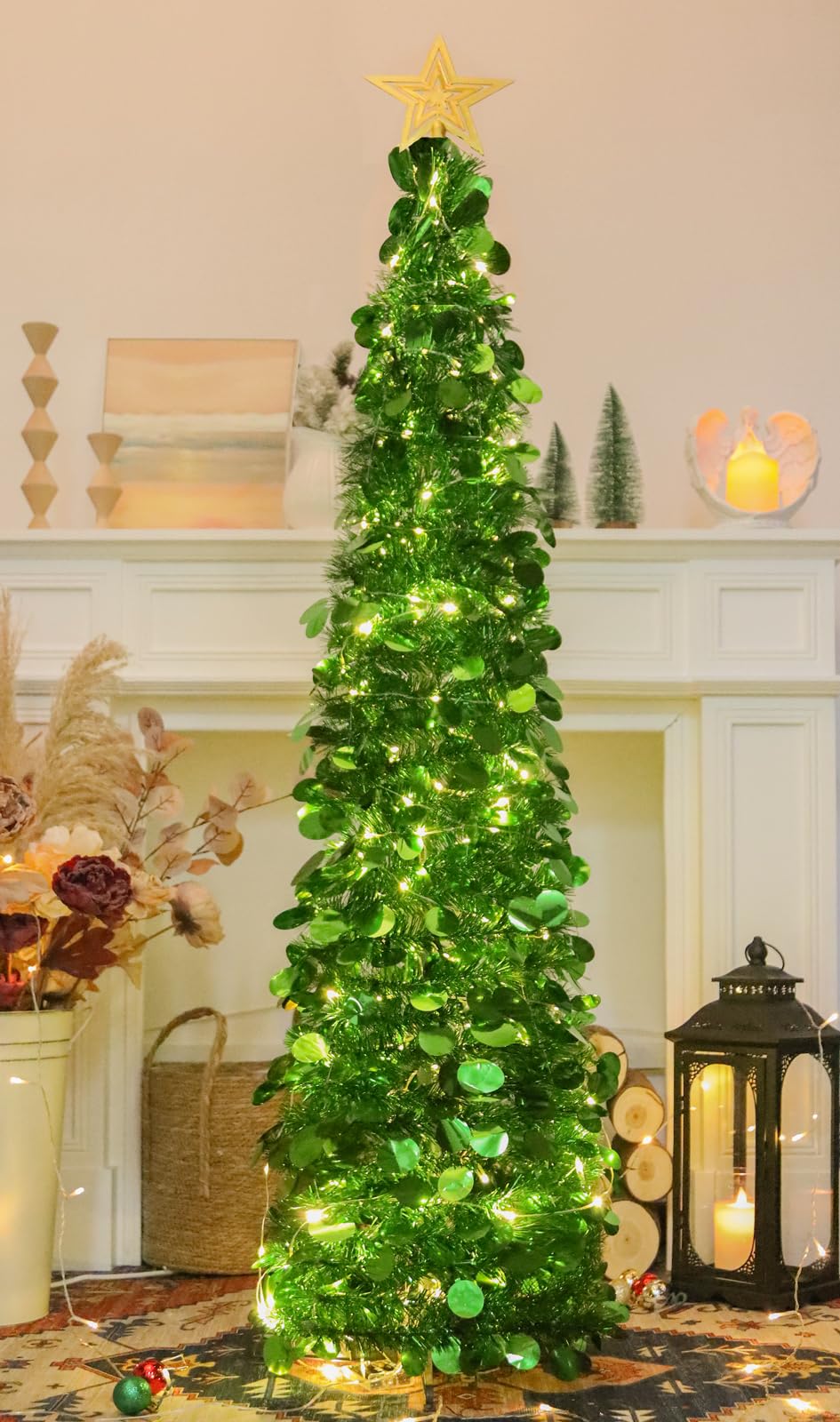 HMASYO 5 FT Pop Up Christmas Tree with Timer Lights, Green Christmas Tinsel Tree, Collapsible Artificial Pencil Christmas Tree for Indoor Home Apartment Porch Holiday Party Decorations - Medaid International
