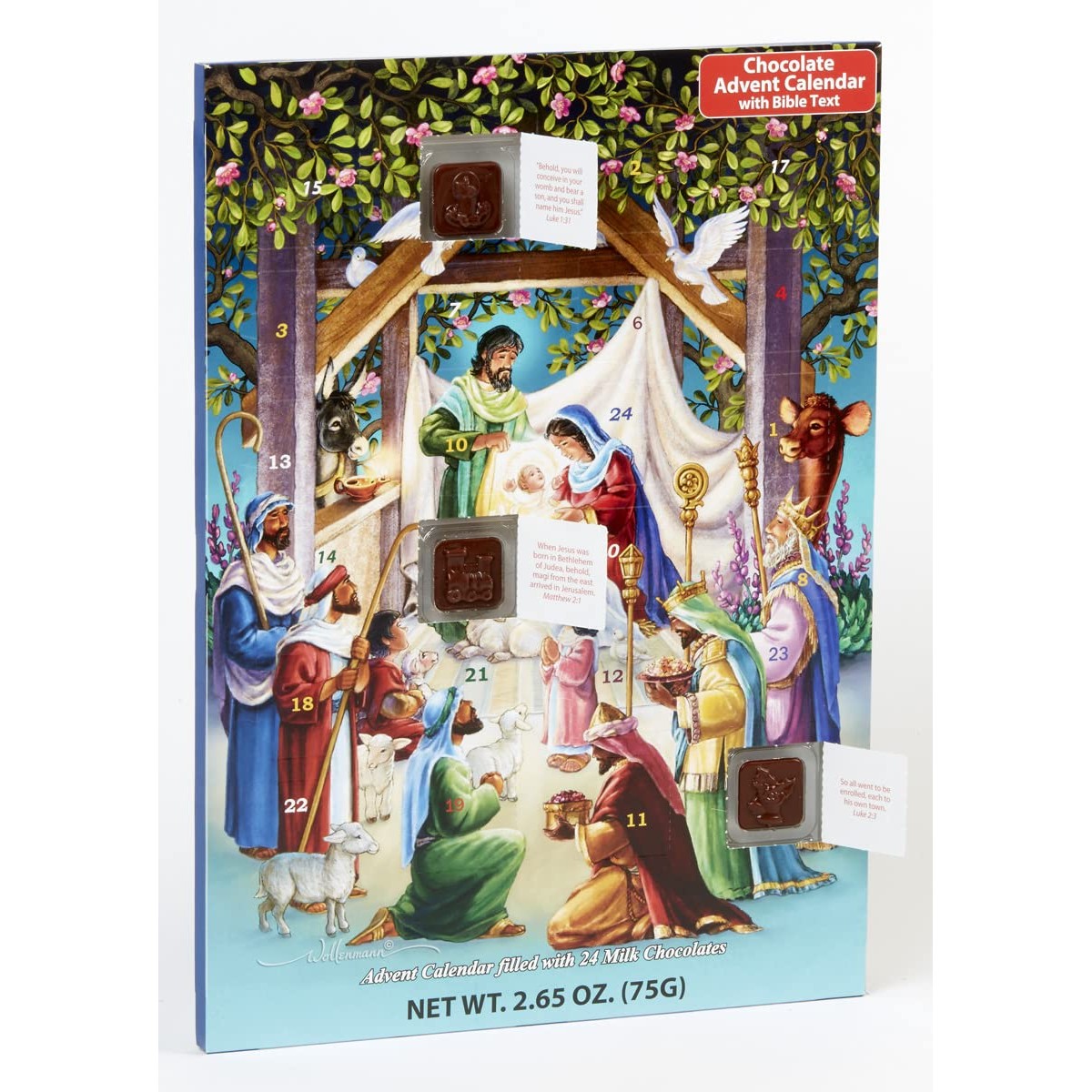 Advent Calendar 2025 Religious with Gourmet Milk Chocolate - 24 Windows Filled with Delicious Chocolate, Nativity Story Included, Perfect Advent Calendar for Adults - Vermont Christmas Company - Medaid International