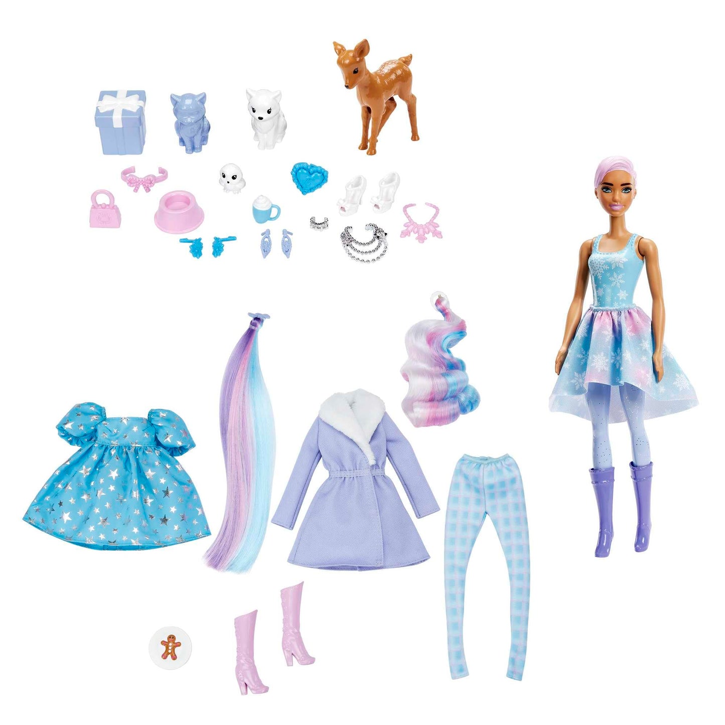Barbie Color Reveal Advent Calendar, 1 Color Reveal Doll & 3 Pets, Clothes, Accessories & 2 Hair Extensions, 25 Surprises, for Kids - Medaid International