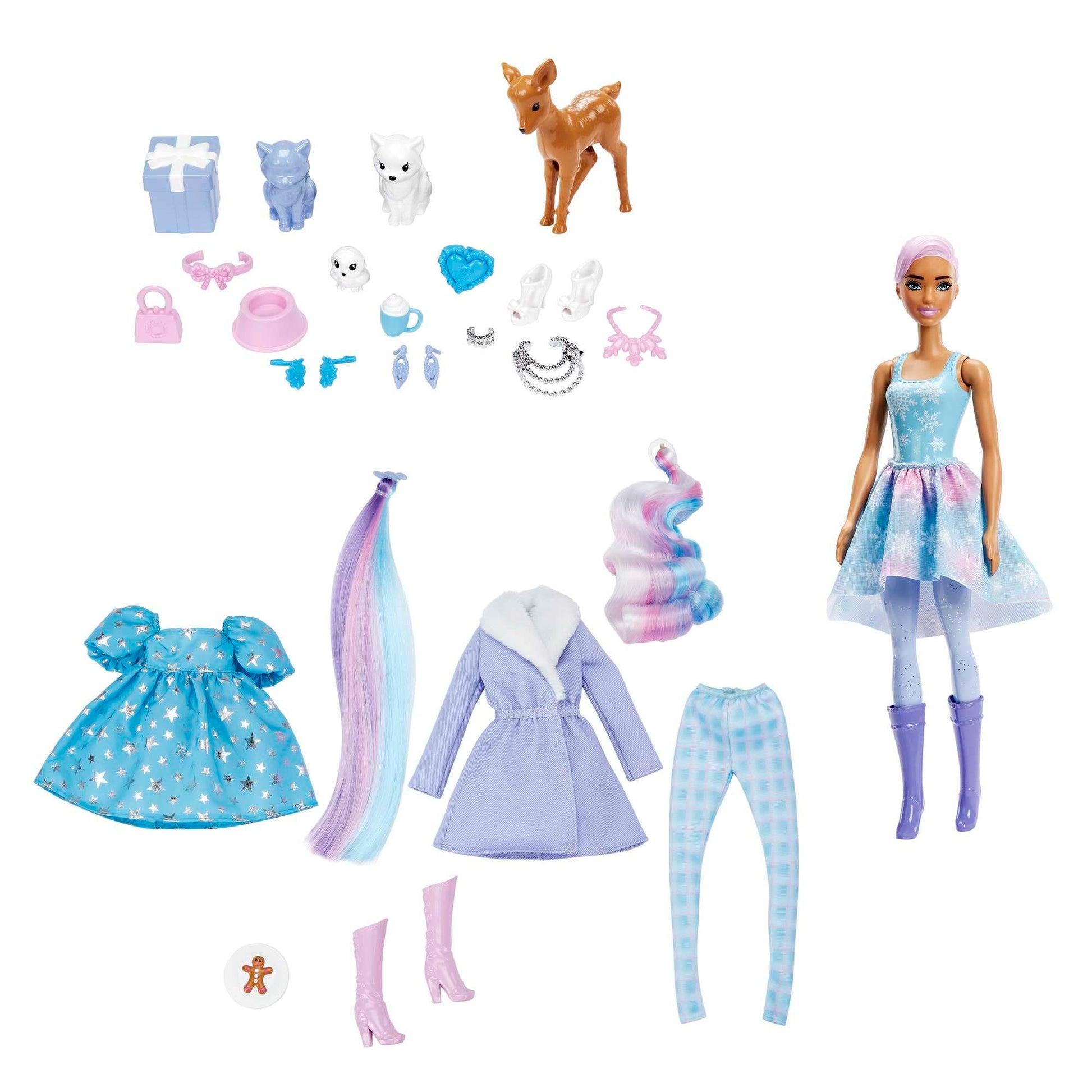 Barbie Color Reveal Advent Calendar, 1 Color Reveal Doll & 3 Pets, Clothes, Accessories & 2 Hair Extensions, 25 Surprises, for Kids - Medaid International