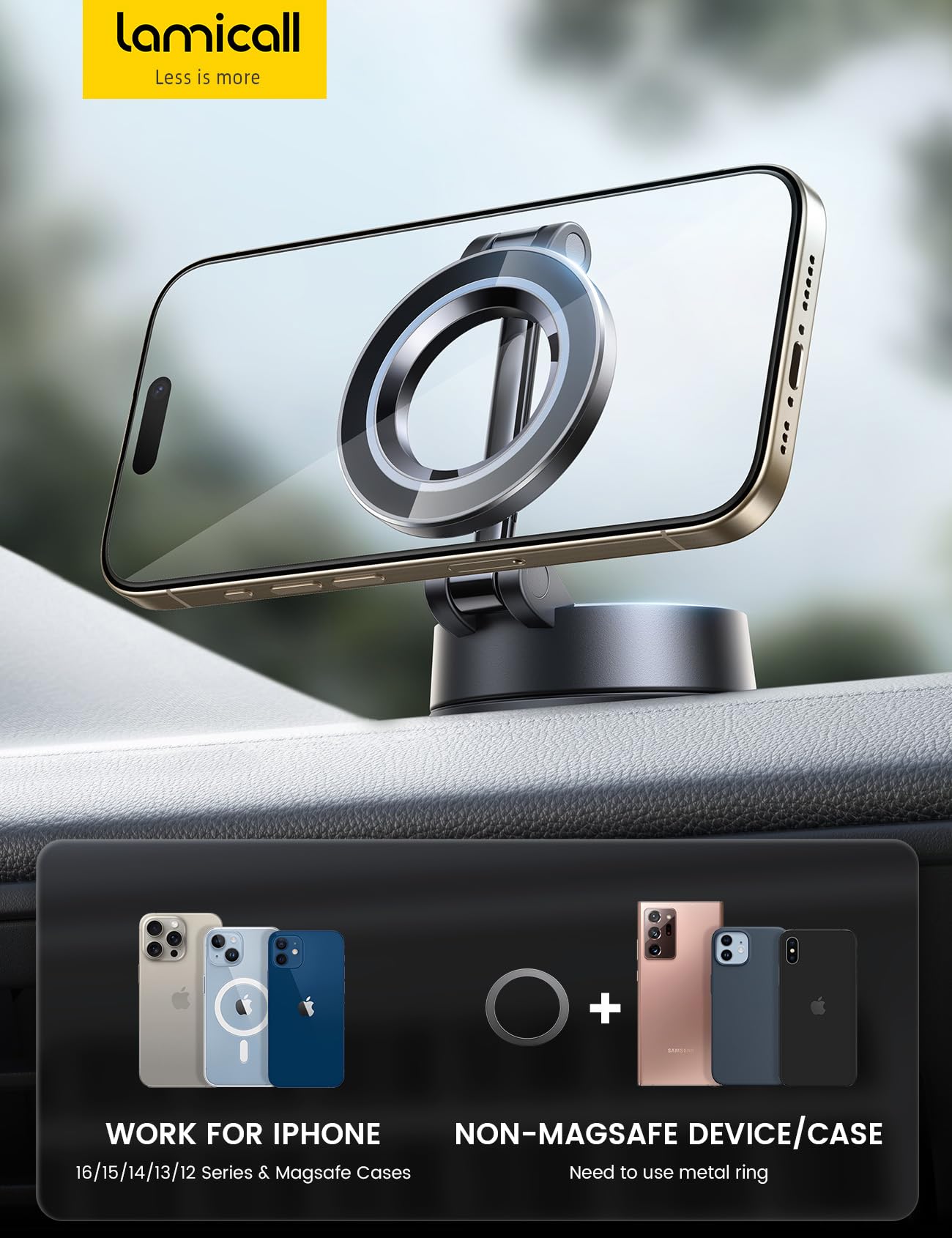 Lamicall Car Phone Mount [70LBS Powerful Suction] for Magsafe Car Mount, 360° Adjustable Suction Cup Phone Mount Dashboard & Windshield for Truck for iPhone 17 All Smartphone - Medaid International