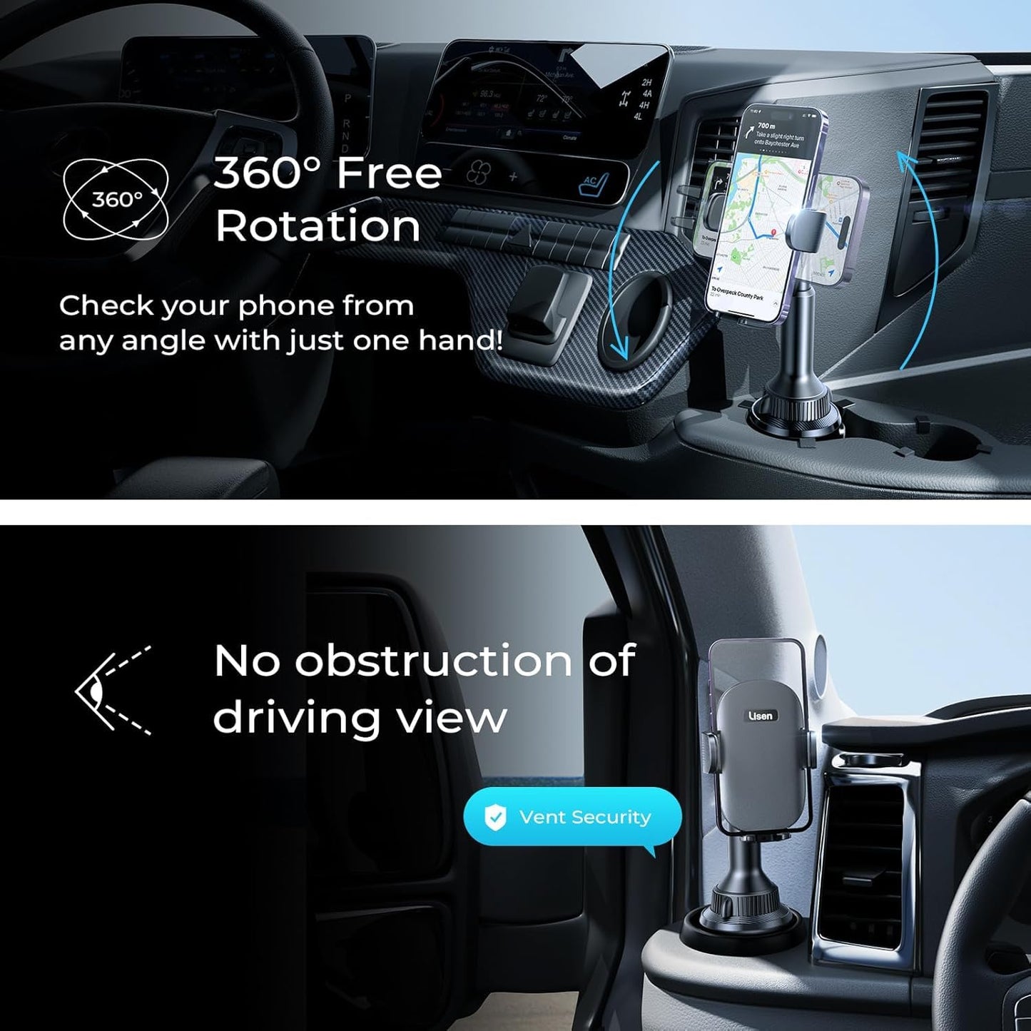 LISEN Cup Phone Holder [No Shaking] Phone Holder for Car, 360 Adjustable iPhone Holder for Car Accessories for Women Truck Jeep Golf for iPhone 17 Pro Max 16 15 14 13 Samsung S25 All 4-7'' Phone - Medaid International